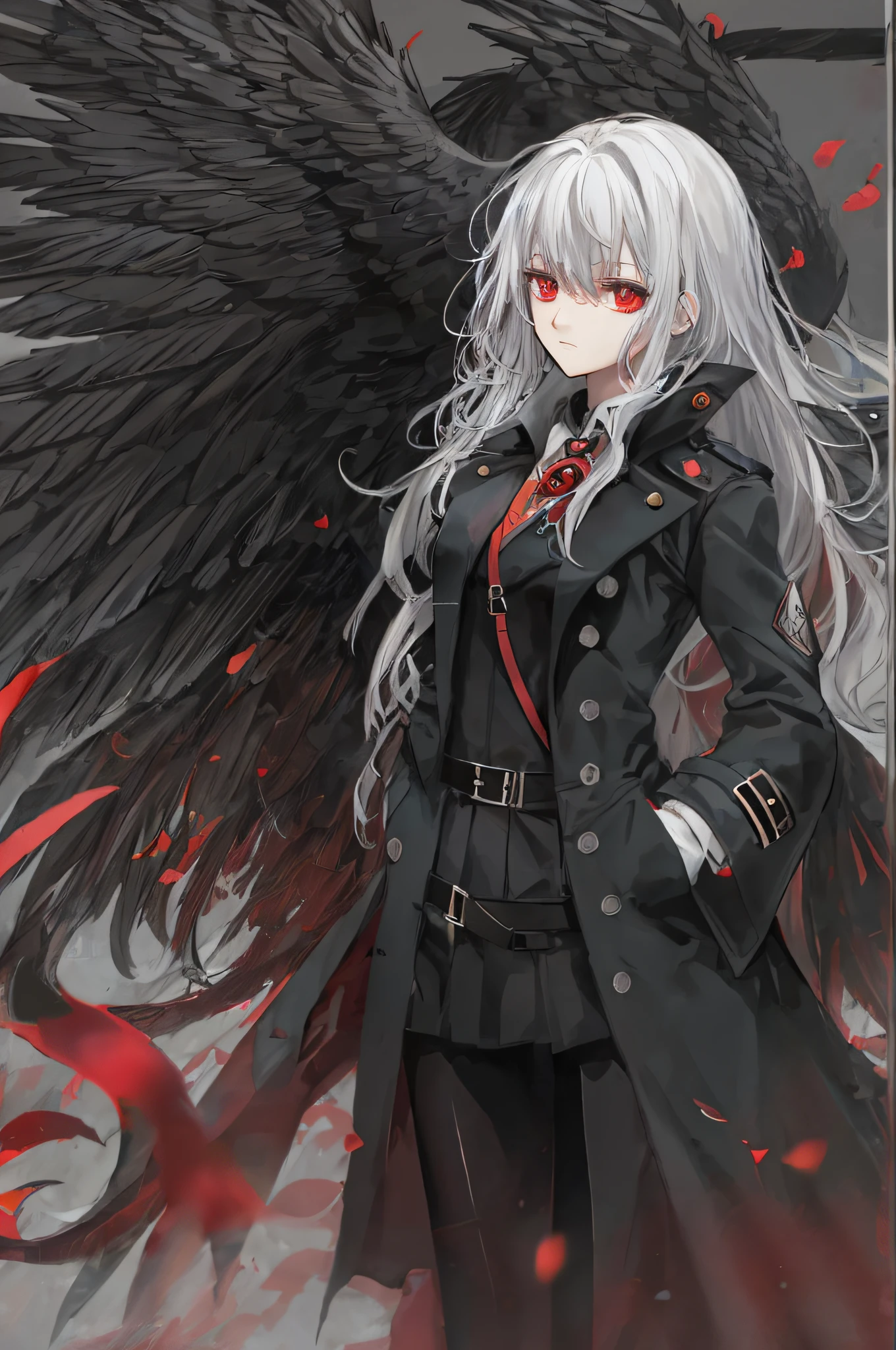 Black Phoenix,Anime shoujo,(((solo person))),Skinny gel coat,Long black trench coat,Messy white hair,with a red eyes,Slightly helpless,amaryllis