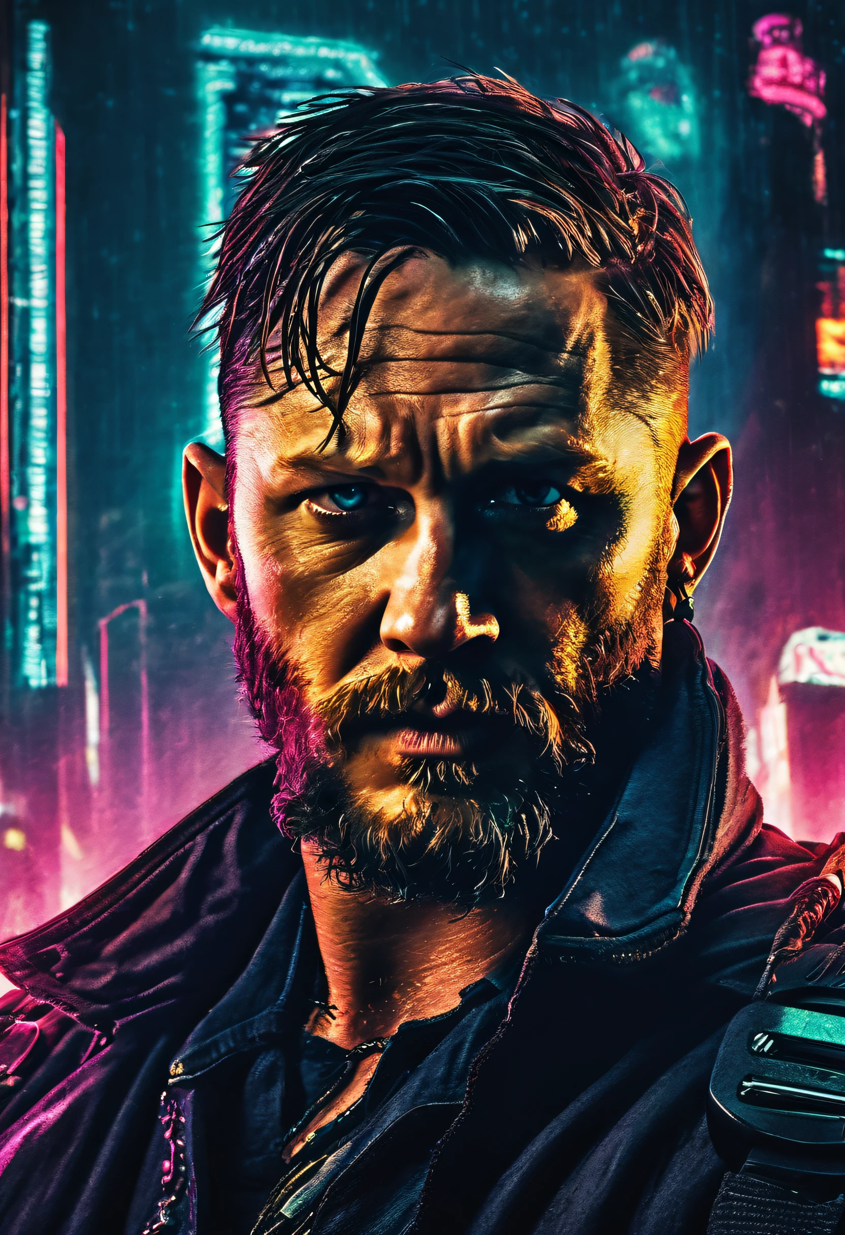 set in a cyberpunk realm, visualize Tom Hardy as a formidable cyberpunk underworld boss. Cinematic lighting casts dramatic shadows on his rugged face, emphasizing his gritty demeanor. He exudes enigmatic, determined authority as he stands against a neon-lit cityscape. This striking portrait captures his commanding presence in this dystopian world.