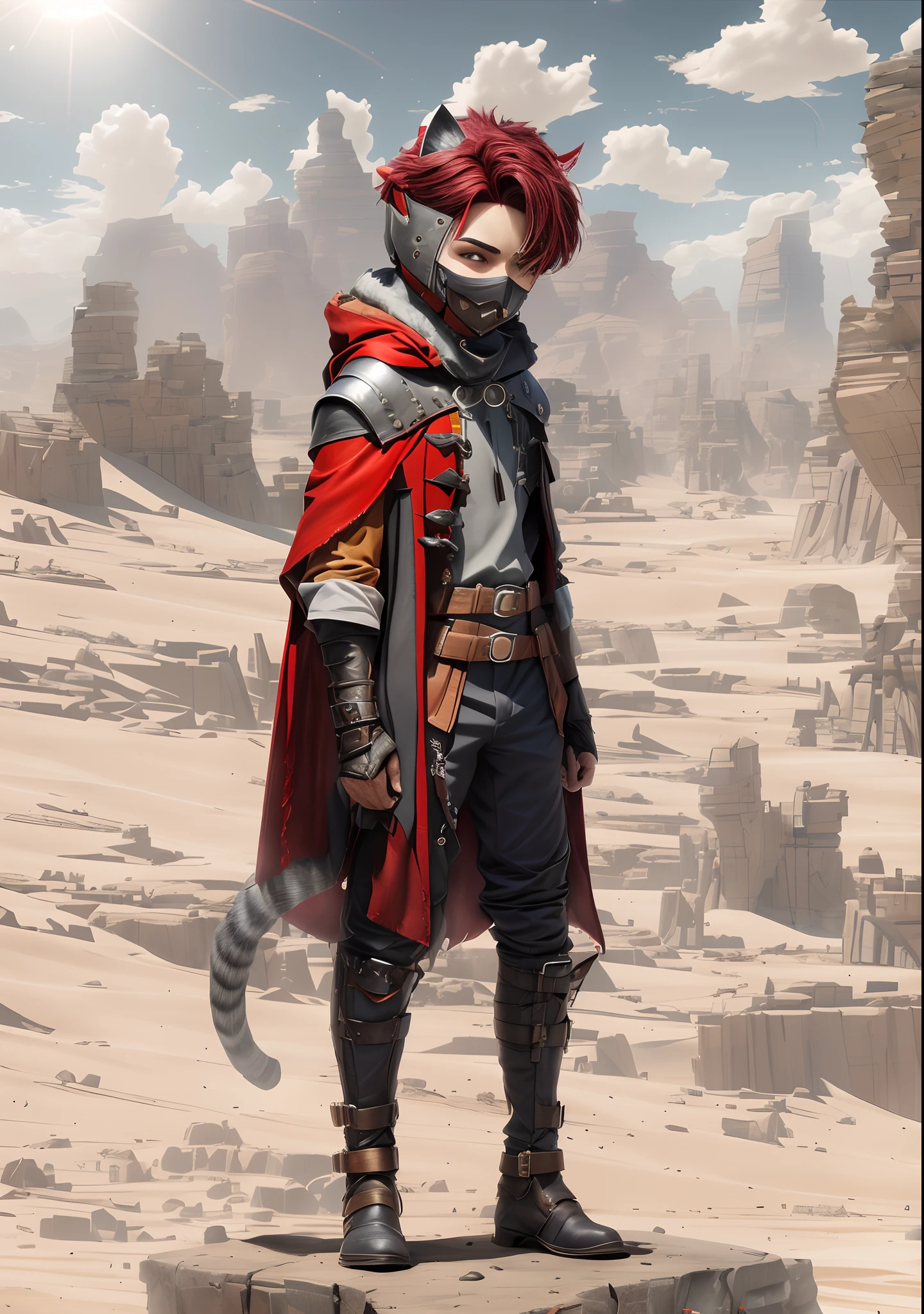 There's a man in a red cape and black pants standing on a rock, desert nomad, Desert Fighter Ancient Mage, Bedouin D&D portrait, senior concept artist, Tiefling Rogue, epic scifi character art, Trendin on Artstation, beautiful full-body concept art, Silvain Sarrail, award-winning conceptual artist, full-body CGsociety (add_detail:- 1)