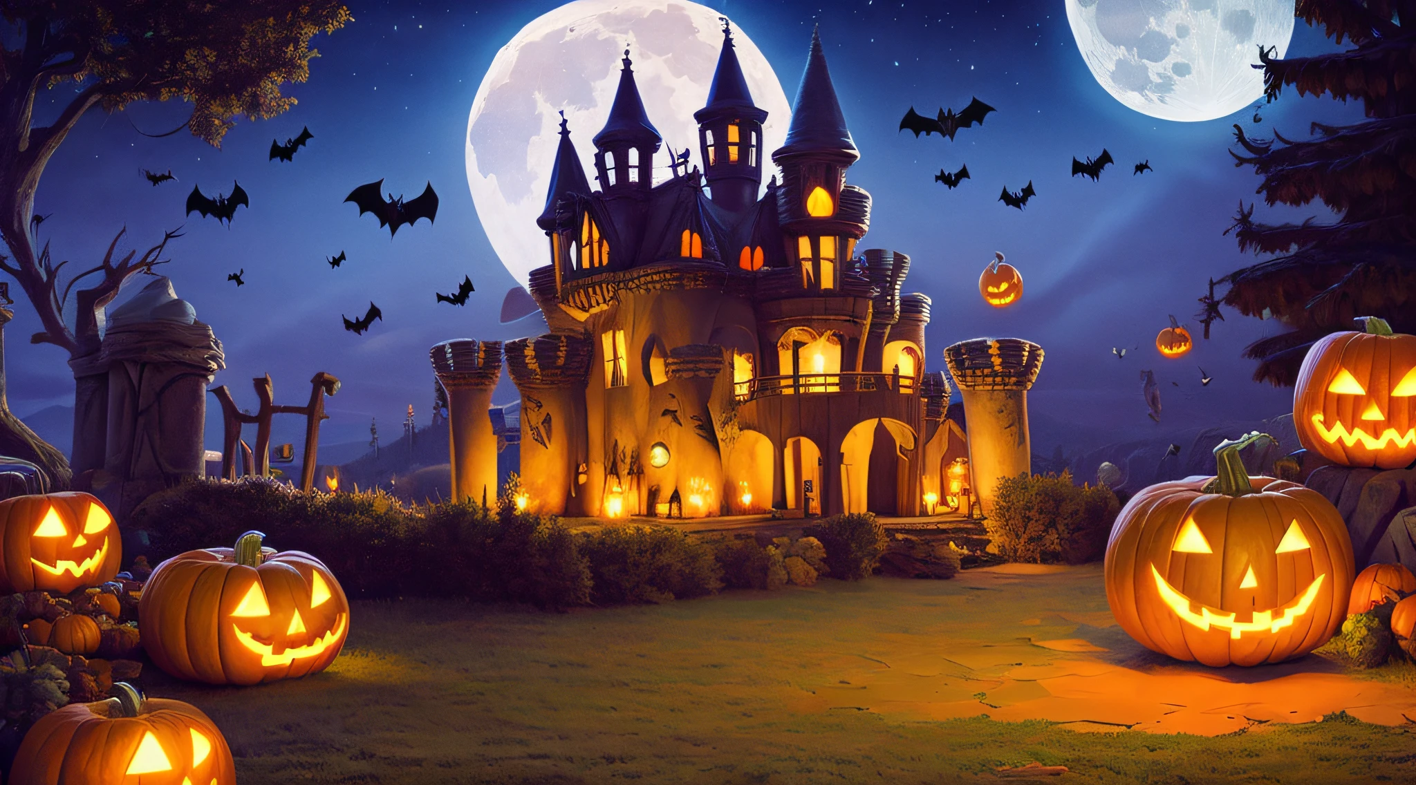 Halloween scene, outdoor dilapidated old castle at night, moon, pumpkin, bats flying