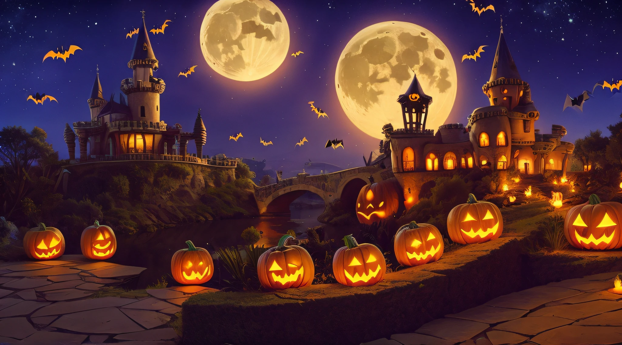 Halloween scene, outdoor dilapidated old castle at night, moon, pumpkin, bats flying