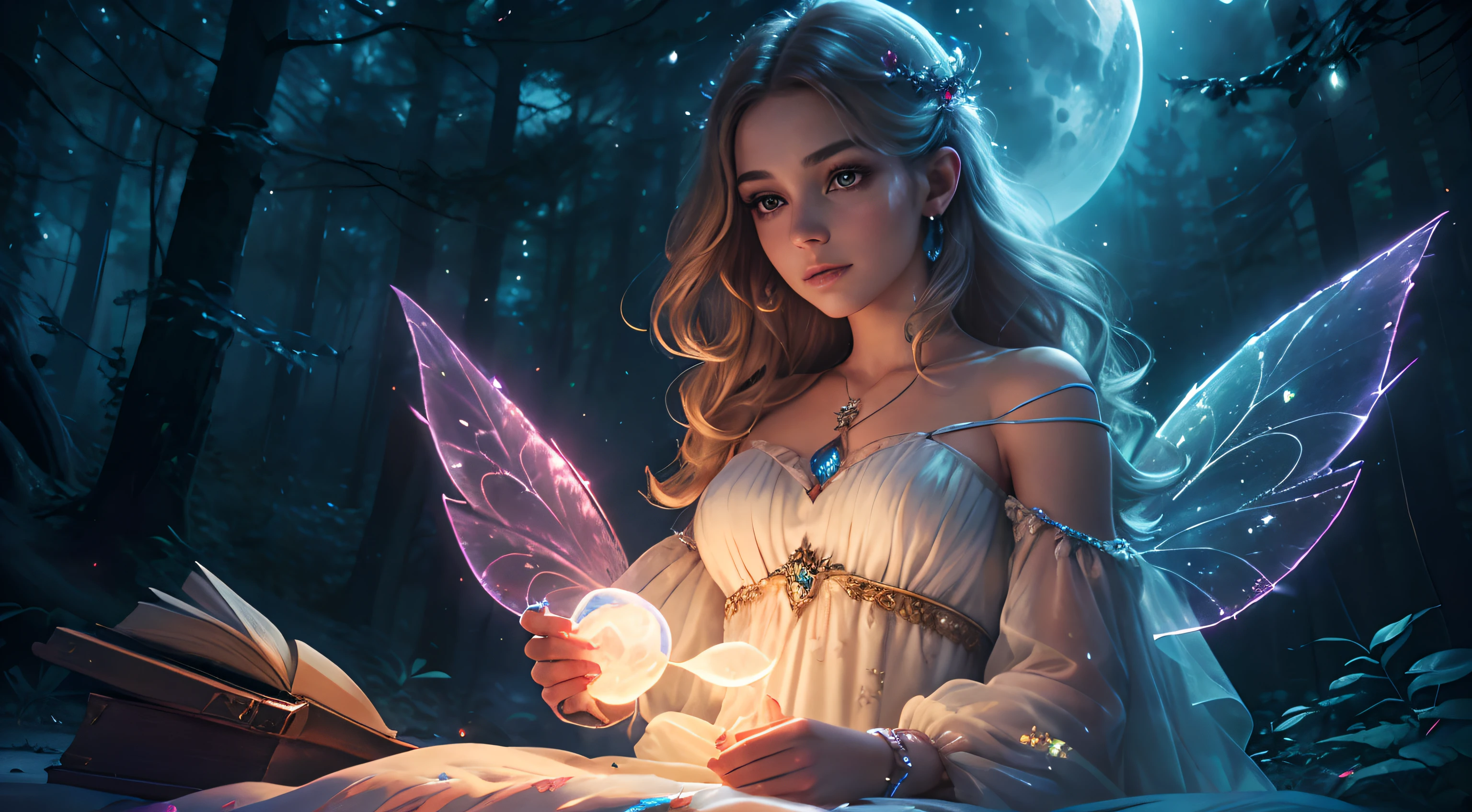 (best quality,4k,8k,highres,masterpiece:1.2),ultra-detailed,(realistic,photorealistic,photo-realistic:1.37),girl with magic power,beautiful detailed eyes,beautiful detailed lips,extremely detailed eyes and face,longeyelashes,glowing hands,sparkling magical aura,fantastical environment,having control over elements,enchanted forest,shimmering dress,floating in mid-air,emitting colorful energy beams,storybook-like atmosphere,magical creatures,Moonlit night,fairy tale theme,ethereal lighting,painting-like quality,soft and dreamy colors,imaginative and awe-inspiring,otherworldly beauty,graceful and elegant posture.