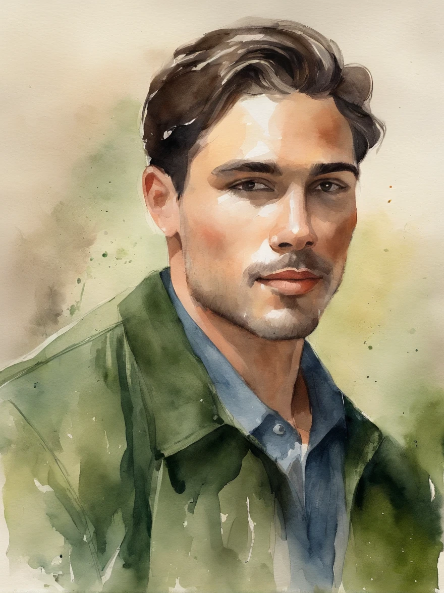 Watercolor painting of a handsome young man with neck-length dark hair and dark green jacket with black shirt : : trending on ArtStation: : Simple composition creates a sense of order and harmony. A pintura reflete as qualidades espirituais do mundo natural. --up luz --ar 9:16