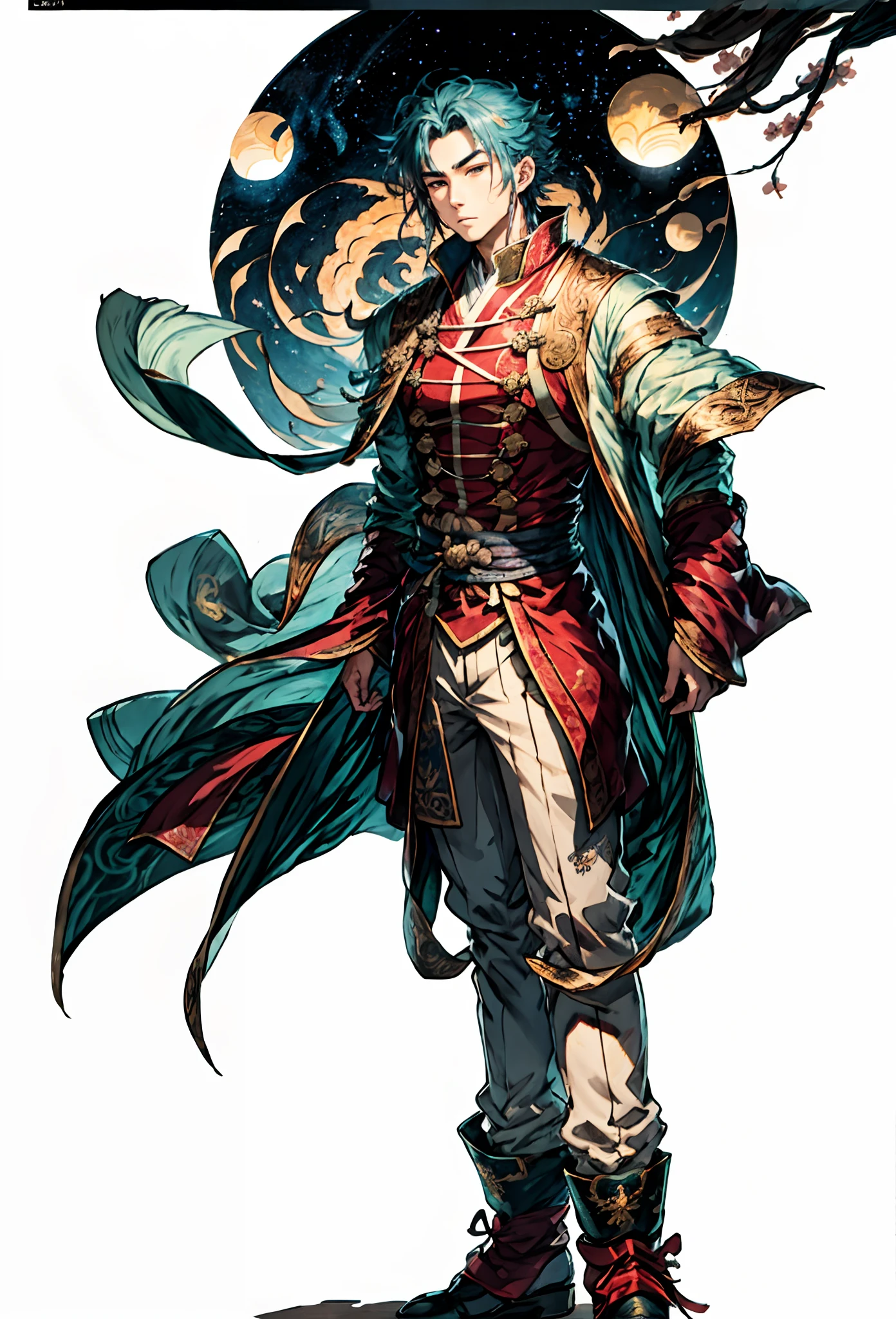 A young man with short aquamarine hair, sharp eyebrows, starry eyes, radiating a righteous aura, a two-piece fantasy wuxia-style outfit, featuring a traditional Chinese martial arts long gown, a wide overcoat, flowing sleeves, the color scheme is mainly red and white, with yellow as secondary colors, matching trousers, sturdy cloth boots, the background depicts a dreamy pattern of geometric symbols and stars, this character embodies a finely crafted fantasy-style Chinese martial hero in anime style, characterized by an exquisite and mature manga illustration art style, full body character drawing, high definition, best quality, highres, ultra-detailed, ultra-fine painting, extremely delicate, professional, anatomically correct, symmetrical face, extremely detailed eyes and face, high quality eyes, creativity, RAW photo, UHD, 8k, Natural light, cinematic lighting, masterpiece:1.5