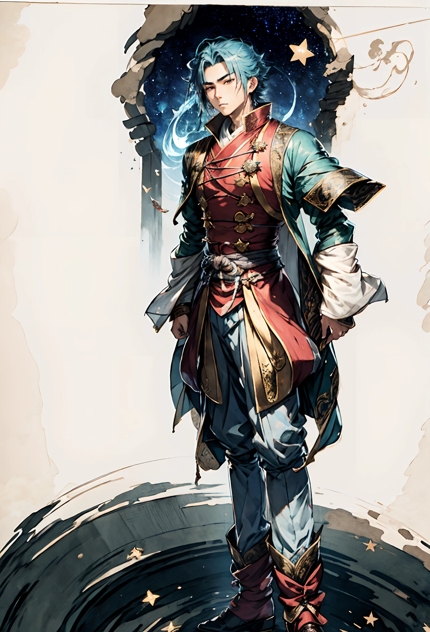 A young man with short aquamarine hair, sharp eyebrows, starry eyes, radiating a righteous aura, a two-piece fantasy wuxia-style outfit, featuring a traditional Chinese martial arts long gown, a wide overcoat, flowing sleeves, the color scheme is mainly red and white, with yellow as secondary colors, matching trousers, sturdy cloth boots, the background depicts a dreamy pattern of geometric symbols and stars, this character embodies a finely crafted fantasy-style Chinese martial hero in anime style, characterized by an exquisite and mature manga illustration art style, full body character drawing, high definition, best quality, highres, ultra-detailed, ultra-fine painting, extremely delicate, professional, anatomically correct, symmetrical face, extremely detailed eyes and face, high quality eyes, creativity, RAW photo, UHD, 8k, Natural light, cinematic lighting, masterpiece:1.5