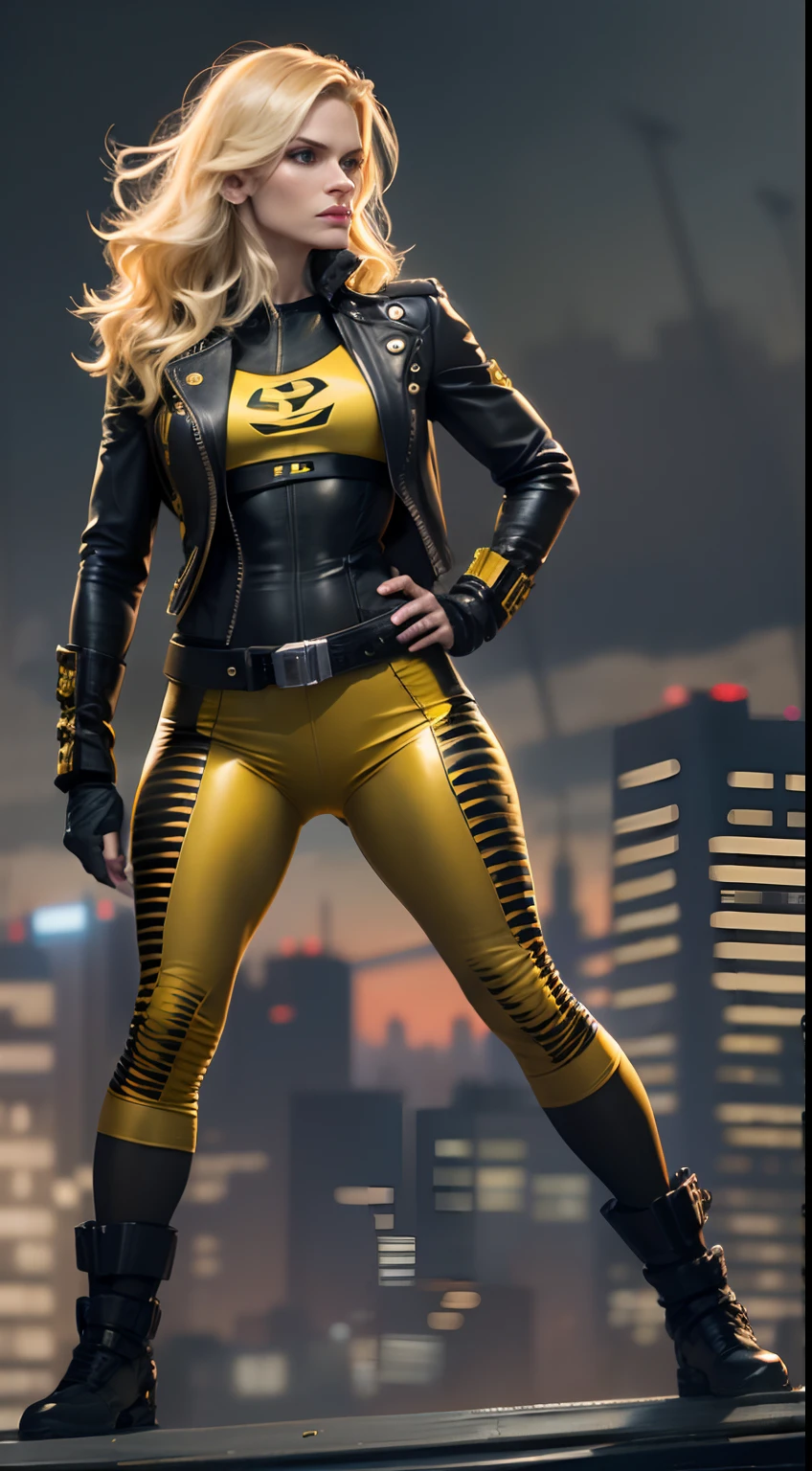 (most realistic, high high quality) Katie Sackhoff as Black Canary (Dressed in classic yellow and black outfits), Standing on the roof,Behind you is the city skyline, It has a film ???? vibe and a gritty vibe, Capture their heroic and avant-garde personalities.