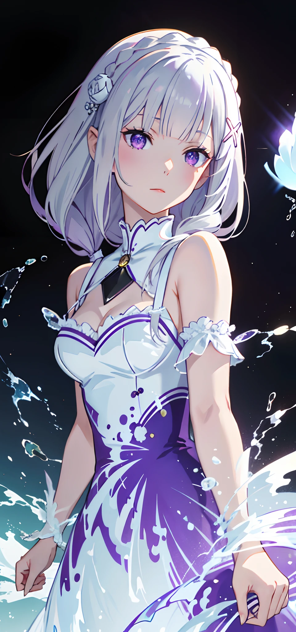 (Masterpiece, Best quality:1.2), 8K, 85mm, RAW photo, absurderes, White and purple theme, (liquid clothes, Liquid dress:1.4), White hair, purple eyes, x hair ornament, white rose in hair, Emilia re:zero, gradient dress, braid in hair, long hair, Delicate girl, full body, close-up face, Shiny skin, Married Woman, view the viewer, hdr, Sharp focus, Particle, twilight sky, Detailed eyes and face, White hair, Simple background，nakeness, medium bosom，Bare lower body，Bare breasts