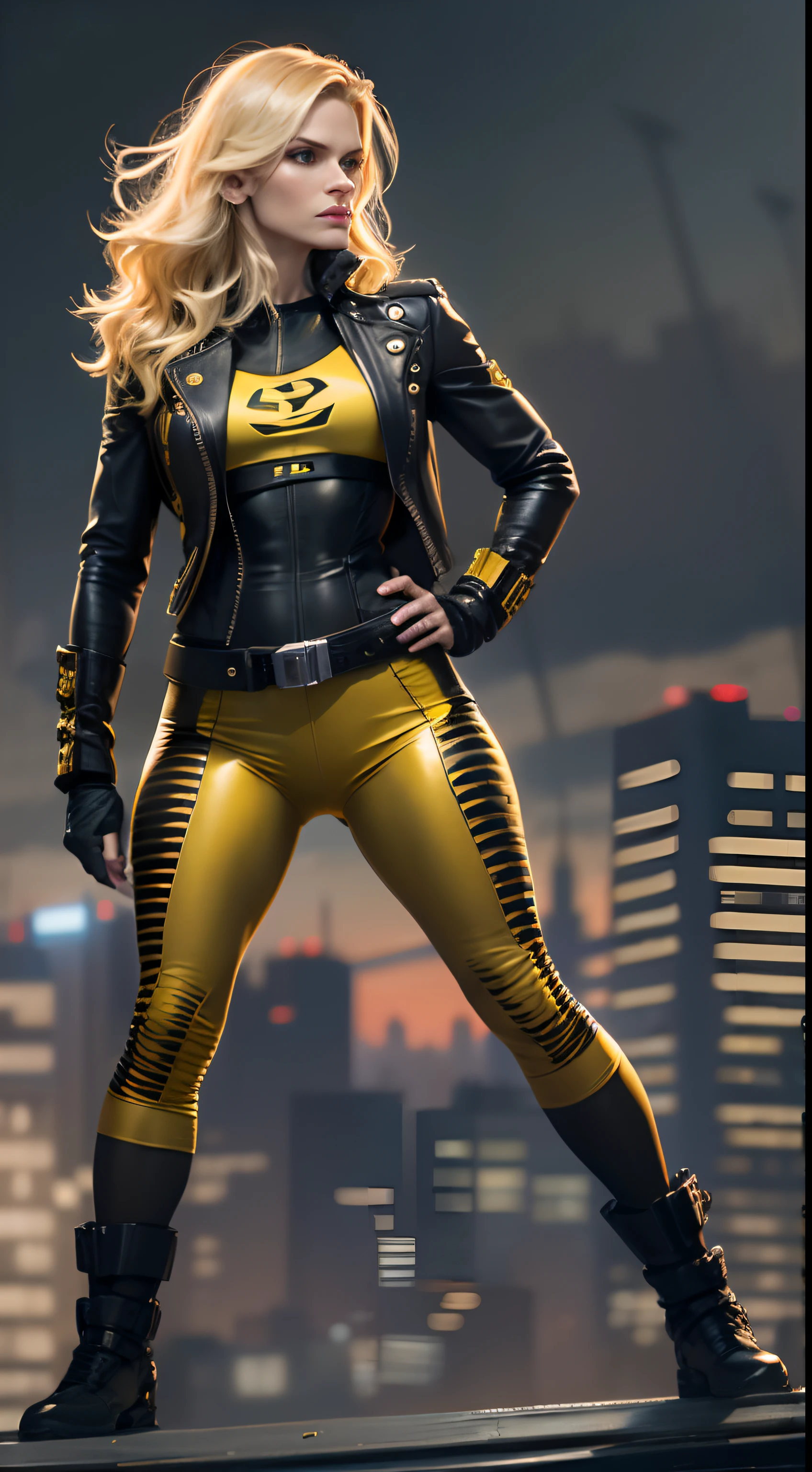 (most realistic, high high quality) Katie Sackhoff as Black Canary (Dressed in classic yellow and black outfits), Standing on the roof,Behind you is the city skyline, It has a film noir vibe and a gritty vibe, Capture their heroic and avant-garde personalities.