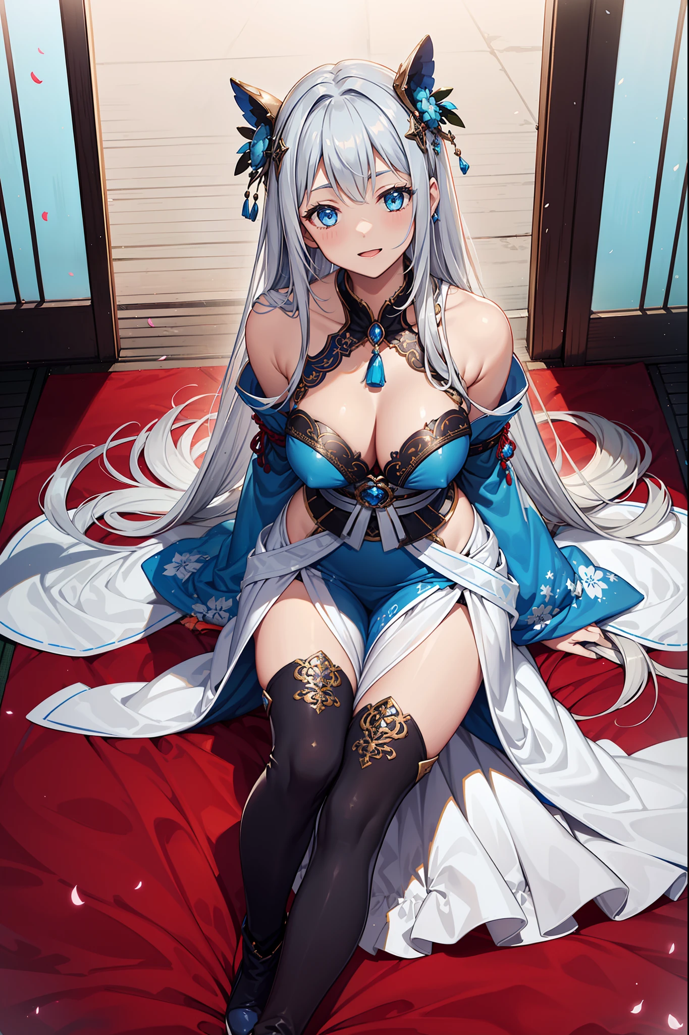 saints,seductiv,having fun,Being in love,(Western magic white dress),silber hair,eBlue eyes,Suitable transparent clothing,Decoration of saints,Sky blue cloth,Sacred motifs,Sky blue pattern,Transparent lace,exquisite costumes,solo person,Japanese courtyard,(natta:1.1),nevando,(Tight boots:1.1),Delicate and beautiful face