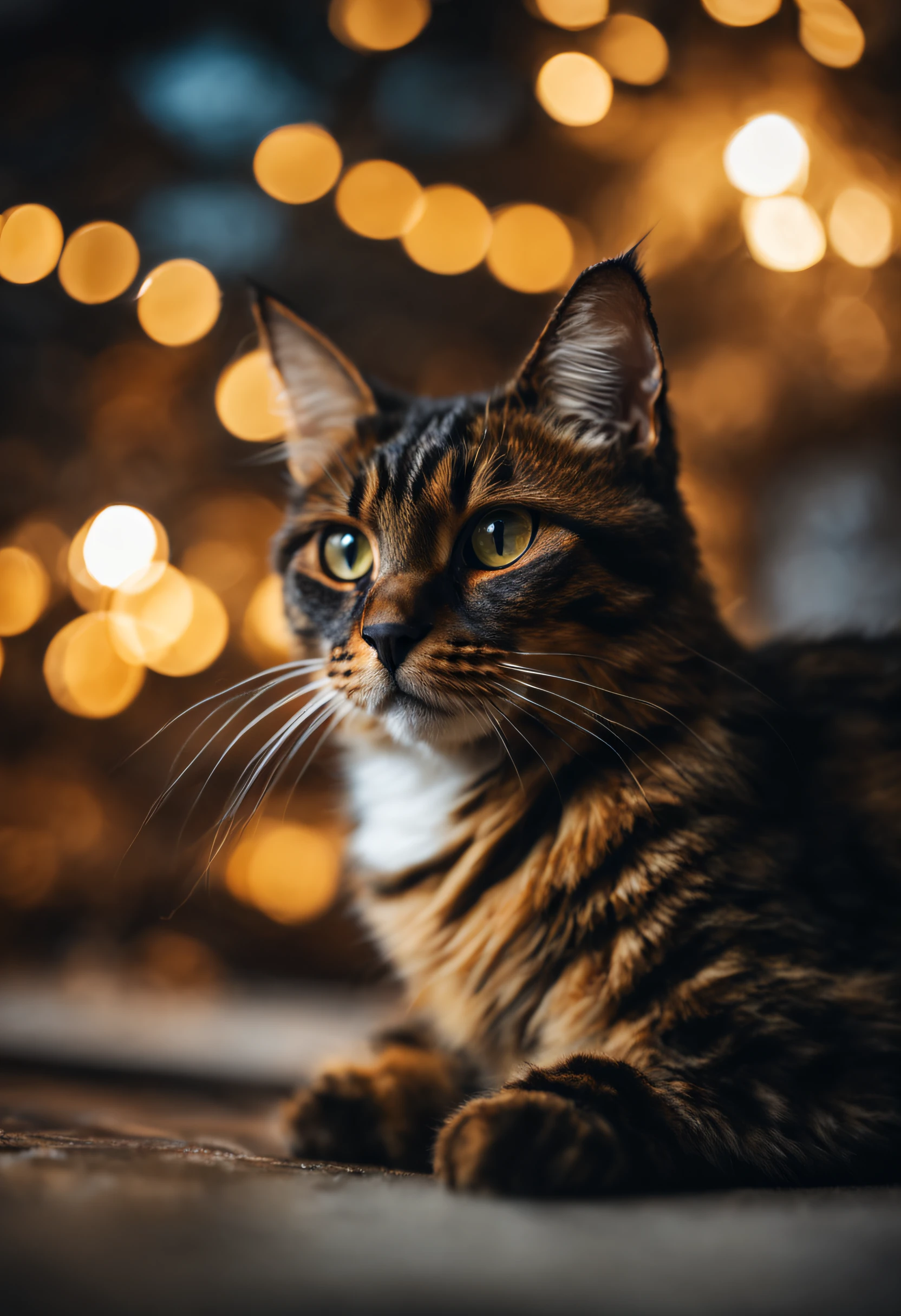 cinematic photo of a tortoiseshell cat, dramatic lighting, 35mm, slight bokeh, professional, 4k, highly detailed, epic, close up