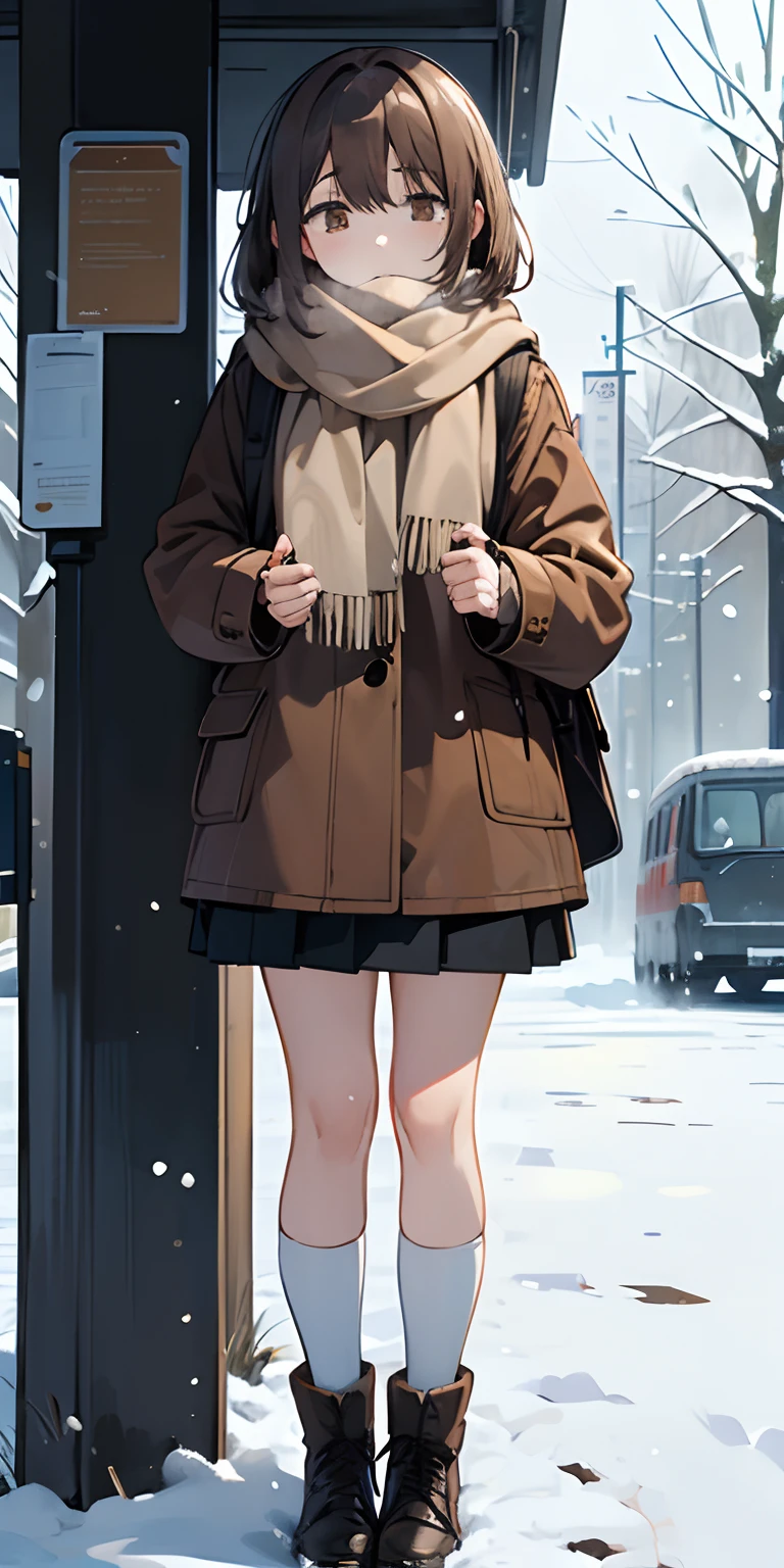 (masterpiece),(best quality), Yuki, brown fur, scarf, legs, Thick knee thighs, blank eyes, expressionless face, park, bus stop, standing, snow, Snowing, tree, Nature,