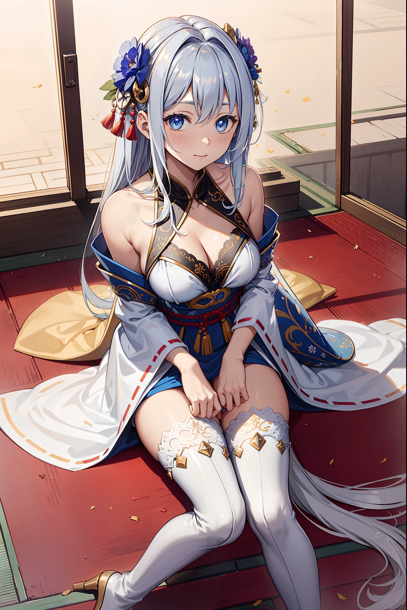 saints,seductiv,having fun,Being in love,(Western magic white dress),silber hair,eBlue eyes,Suitable transparent clothing,Decoration of saints,Sky blue cloth,Sacred motifs,Sky blue pattern,Transparent lace,exquisite costumes,solo person,Japanese courtyard,(natta:1.1),nevando,(Tight boots:1.1),Delicate and beautiful face