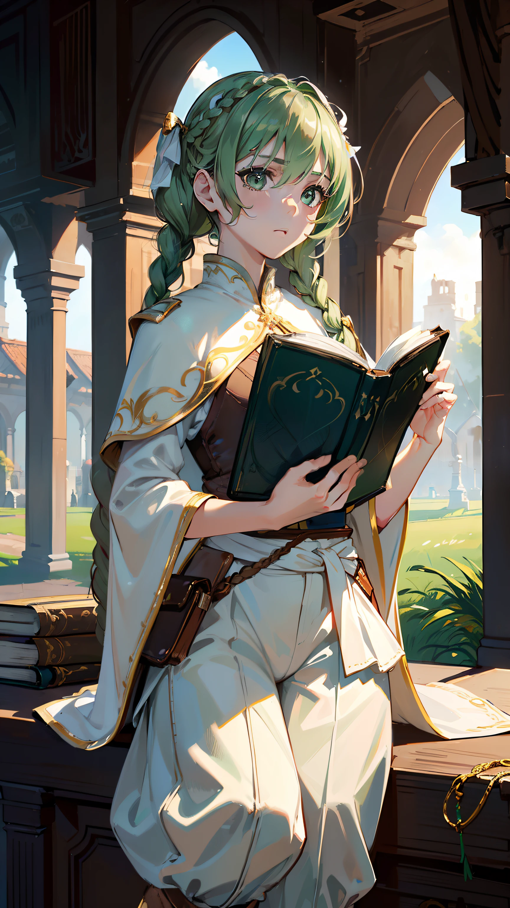 masterpiece, ultra detailed, 8k portrait, RAW photo, portrait photography, highly detailed face, beautiful and meticulous eyes, ((Fantasy)), Young beautiful, 15 years old, (((drooping eyes))), dynamic pose, (((short wavy light green hair))), ((braided twin tail)), parted bangs, White skin color, Luxury, (((white tunic))), ((((brown wide pants)))), (((brown cape))), (((little waist hip pouch))), high cut leather boots, ((holding magic book)), Midday Sun, hyper realistic, slender body, flat chest, Long legs, on the medieval load, Ambient lighting, Shadow details , Camera focus on face, strong breeze, Light fog