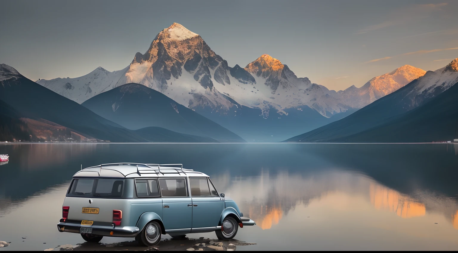 Mountain, Lake, Volkswagen station wagon blooms (16k, Best quality, hdr, Best resolution:1.4, RAW photography) (core: 1.2), Bokeh, Realistic photography, Canon 5D,Reflection in the lake,dingdall effect,baiyun,Panorama Figures