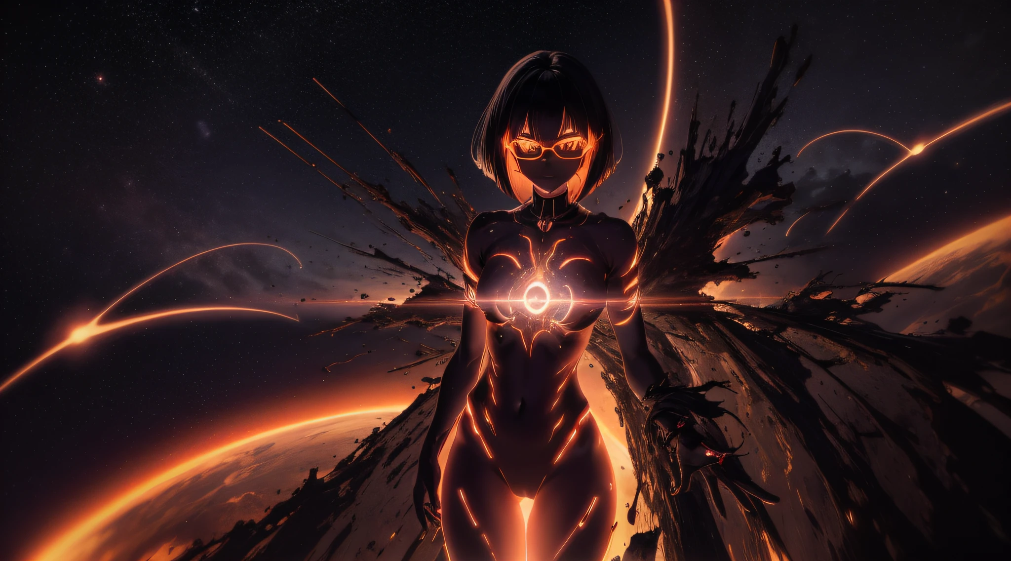 1girl, short black messy bob hair with glowing inside, bright glowing yellow eyes, Round glasses, light brown skin, petite body, wearing a glowing cyber armor attire, wearing glowing long white translucent pants, glowing, absurdres, high res, ultrasharp, 8k, masterpiece, looking away from camera, outer space, short sleeve, planet, nebula, bangs, flat chest, whiskers, androgynous, long nails, glowing outfit, transcending, power emanating from her, lightning, glowing aura around her, glowing tattoos on the face, yandere, red lightning, angry expression, gravitational lensing, glowing cat ears, glowing face painting, planet collision, glowing body lines, smiling manically, Black hole from the movie interstellar, space debris, neutron star, battle scars, blood, war veteran, gaping wounds,battle ready pose, fists balled up, Spaceships on fire in the background, halo spartan armor