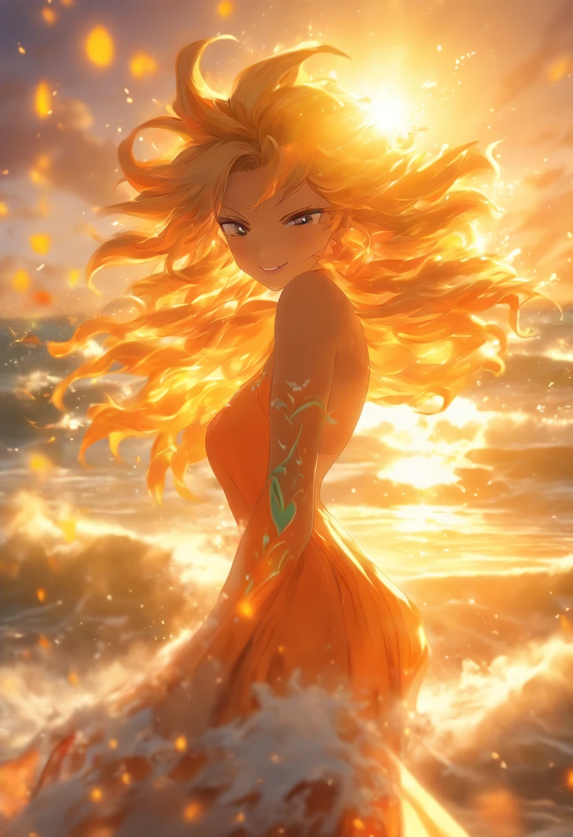 A photograph captures the sun-kissed allure of an enchanting beach goddess, her radiant beauty and carefree spirit embraced by the crashing waves.