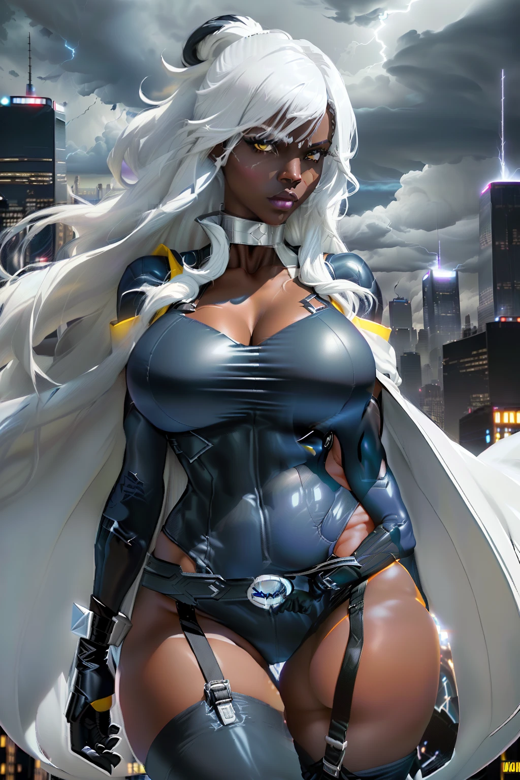 ((Storm from Marvel comic series)) ((ebony skin)) (beautiful face)(red lips)((big white eyes)) ((very long messy white hairstyle with side bangs)) ((hair floating around)) ((very huge breasts) (perfect slim body) (wears dark blue body suit with yellow ornament)) ((choker, belt, gloves, long stocking, cape)) (posing sexy on skycrapper rooftop)), (high definition, dynamic lights and shadows) ((masterpiece)) (8k) (perfect face) (best quality) (perfect hands and eyes)