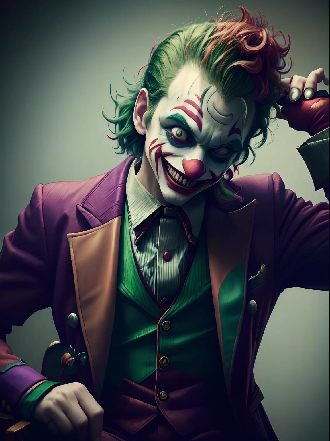 Wearing a red suit，Clown with green hair and red jacket, Clownness smiling, portrait of joker, portrait of joker, portrait of joker, jocker, jocker, joker looks like naruto, Weird clown, as the joker, batman as the joker, the joker as batman, from joker (2019)