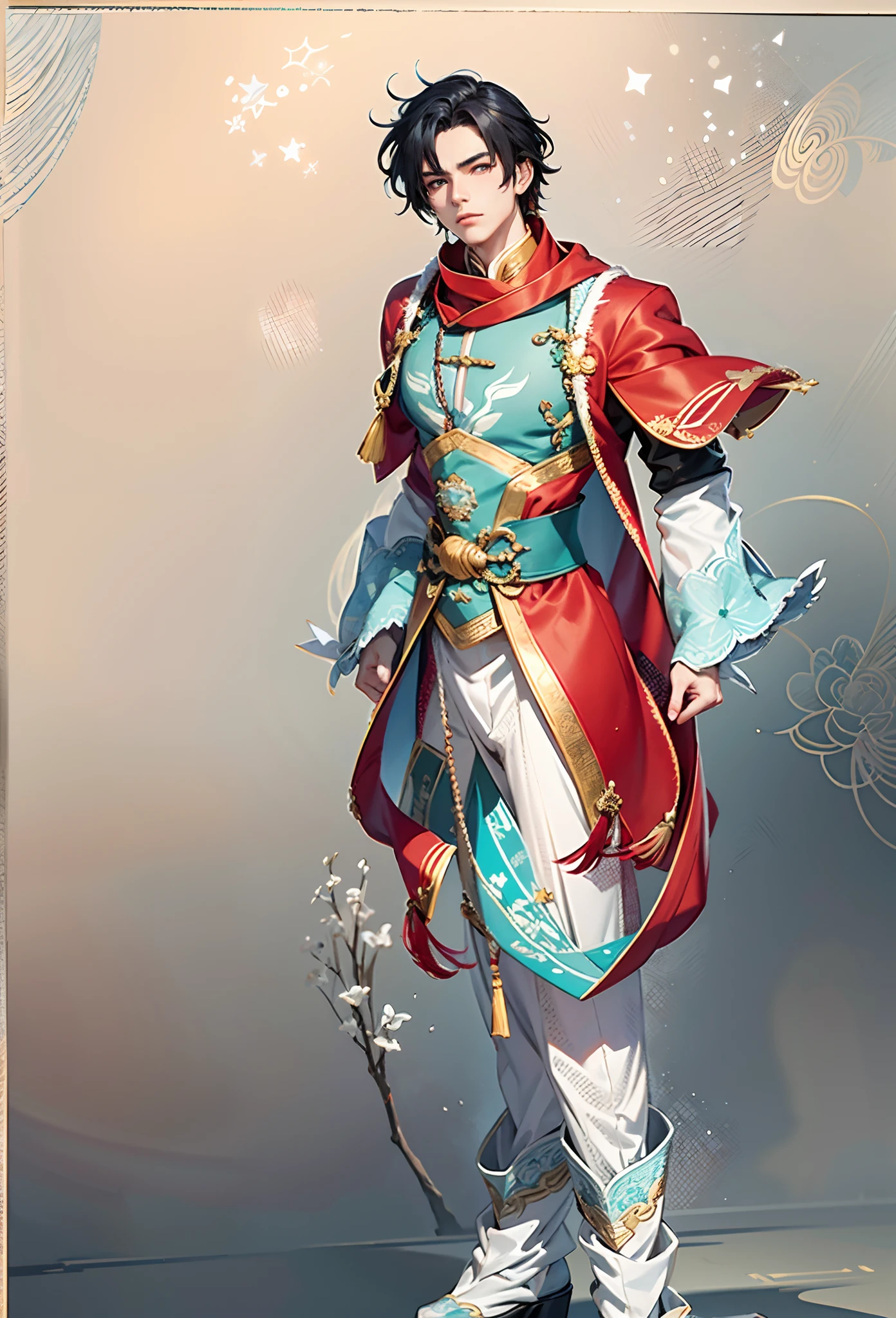 A young man with short aquamarine hair, sharp eyebrows, starry eyes, radiating a righteous aura, a two-piece fantasy wuxia-style outfit, featuring a traditional Chinese martial arts long gown, a wide overcoat, flowing sleeves, the color scheme is mainly red and white, with yellow as secondary colors, matching trousers, sturdy cloth boots, the background depicts a dreamy pattern of geometric symbols and stars, this character embodies a finely crafted fantasy-style Chinese martial hero in anime style, characterized by an exquisite and mature manga illustration art style, full body character drawing, high definition, best quality, highres, ultra-detailed, ultra-fine painting, extremely delicate, professional, anatomically correct, symmetrical face, extremely detailed eyes and face, high quality eyes, creativity, RAW photo, UHD, 8k, Natural light, cinematic lighting, masterpiece:1.5