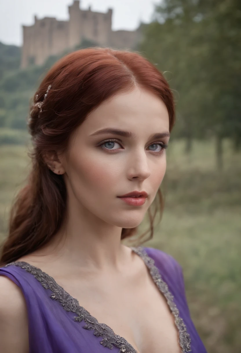 Perfect woman realistic photo, a realistic photo of 30yo medieval woman queen wearing a purple dress, red hair, medieval castle, cold colors,blue eyes, perfect nose, round face, straight eyebrow, cheek bones (1girl), (extremely detailed CG unity 8k wallpaper), photo of the most beautiful artwork in the world, professional majestic, (big-breasted:1.5) (photography by Steve McCurry), 8k uhd, dslr, soft lighting, high quality, film grain, Fujifilm 6T3 sharp focus, f 5.6, High Detail, Sharp focus, dramatic, (looking at viewer:1.2), (detailed pupils:1.3), (natural light), full body.