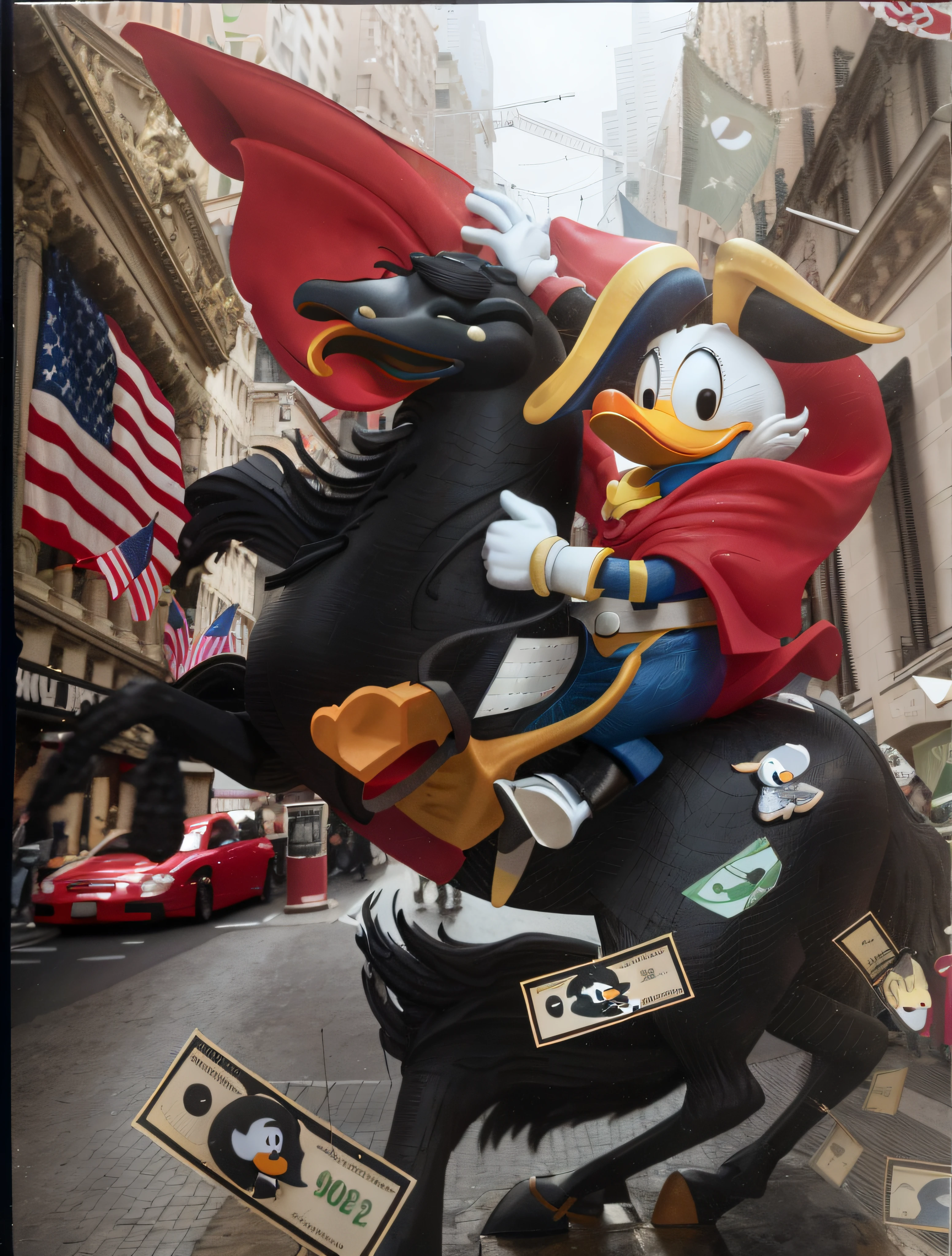 Image of a statue of Donald Duck riding a royal black horse with flying money, inspired by Jacob Duck, par Eddie Mendoza, Donald Duck, Donald Duck dans la vraie vie, Clown capitaliste, inspired by Carl Barks, album artwork, par Derek Zabrocki, par Jacob Duck, par Pogus Caesar, super riche heureux Pepe, exhiber sa richesse, Illustrative New York Street top details Arafed statue of Donald Duck riding a horse with a flag on it, Donald Duck, Dans la Parade Macys, Goofy, Donald Duck dans la vraie vie, inspired by Jacob Duck, canard daffy, inspired by Carl Barks, Donald Duck: un astronaute, Disney 1 9 9 0, United States-seven. 20, closeup shot, 1 9 8 9 Disney, top quality
