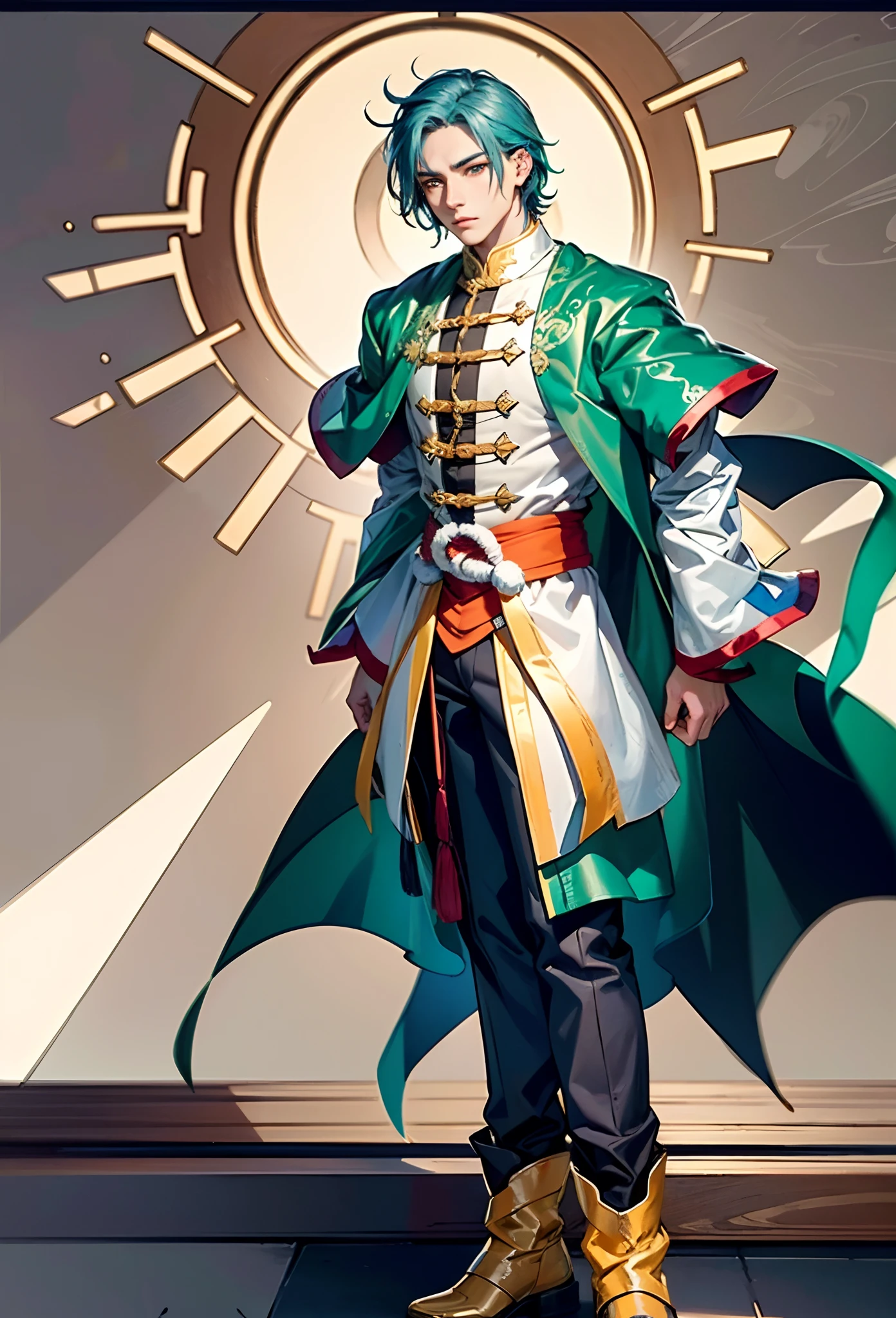 A young man with short aquamarine hair, sharp eyebrows, starry eyes, radiating a righteous aura, a two-piece fantasy wuxia-style outfit, featuring a traditional Chinese martial arts long gown, a wide overcoat, flowing sleeves, the color scheme is mainly red and white, with yellow as secondary colors, matching trousers, sturdy cloth boots, the background depicts a dreamy pattern of geometric symbols and stars, this character embodies a finely crafted fantasy-style Chinese martial hero in anime style, characterized by an exquisite and mature manga illustration art style, full body character drawing, high definition, best quality, highres, ultra-detailed, ultra-fine painting, extremely delicate, professional, anatomically correct, symmetrical face, extremely detailed eyes and face, high quality eyes, creativity, RAW photo, UHD, 8k, Natural light, cinematic lighting, masterpiece:1.5