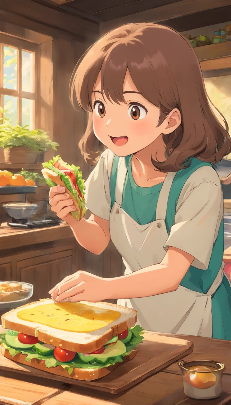 Dad prepared her favorite sandwich for the child,And the child brought a large bag of fruit。They share food,Laughing,I felt the warmth of family affection