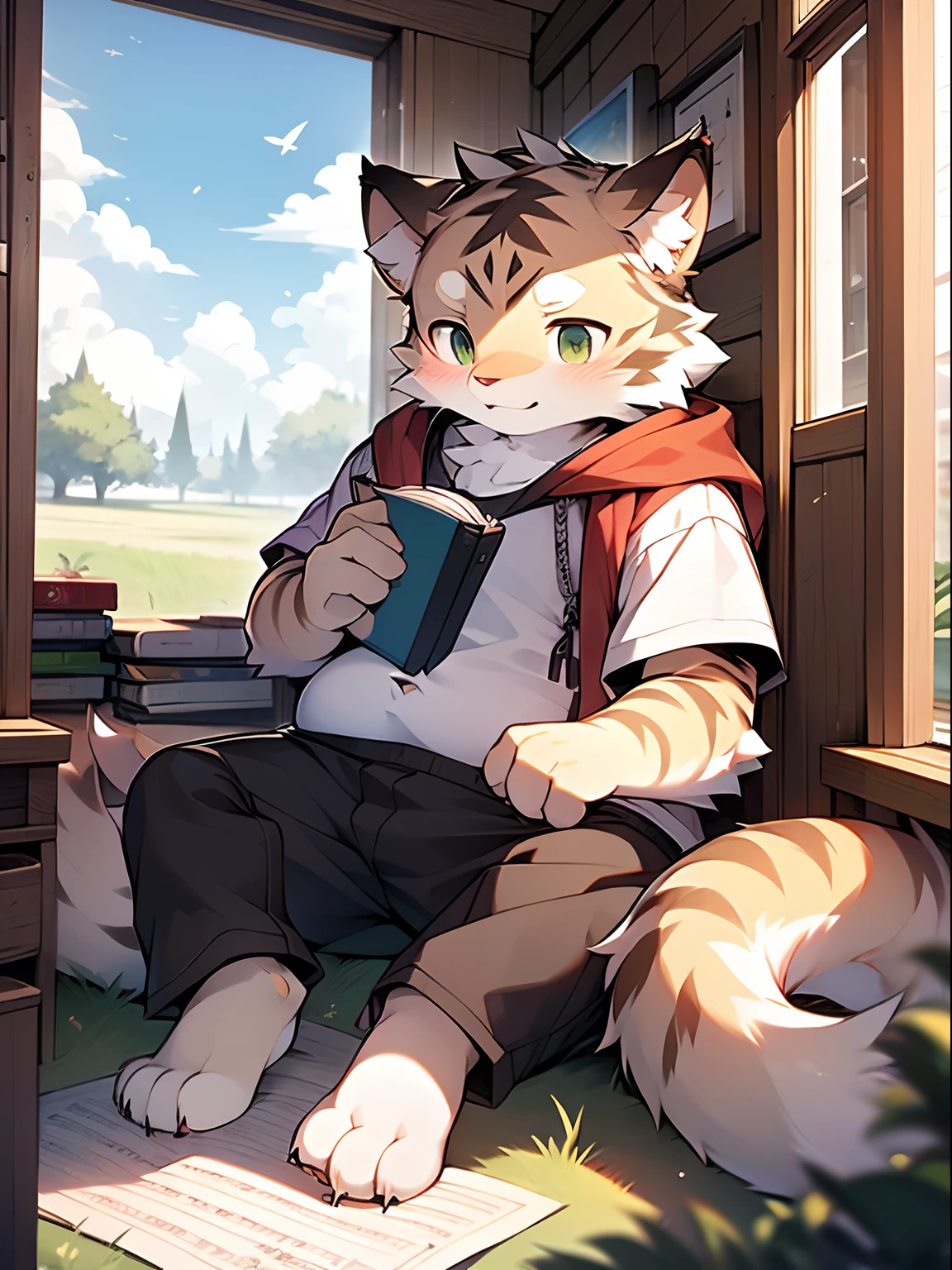 Masterpiece, Best quality, Perfect anatomy, author:K0bit0wani, author:Milk Tiger 1145, (author:Dex:0.3), Furry, coyote, Solo, Male, baggy clothes, Expose the upper body, Eau, Abs, legs separated, medium bulge, Slightly chubby figure, holding book, Detailed background, music sheets, Leaning back, Butterfly, Grass,Shota,Libido boy