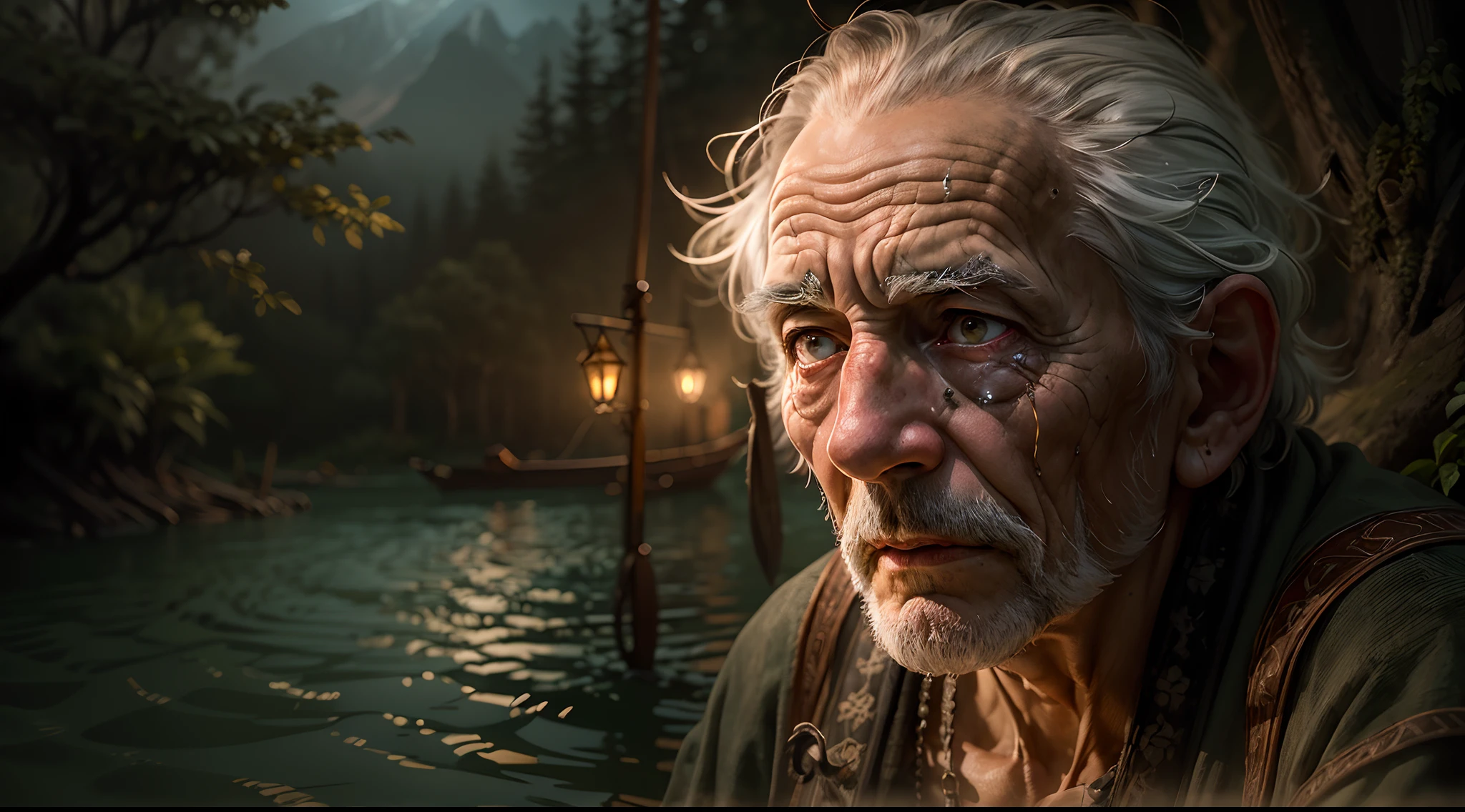 A captivating and emotive image of a fantasy world with a touch of magic. Imagina a un anciano, His face engraved with the wisdom of time, sentados en una sencilla canoa de madera. Sostiene una linterna en alto, Its warm glow casts a soft glow that illuminates the wrinkles of your weathered face. Sail down a river that is black as a wolf's mouth, And the light of the flashlight is the only source of illumination. The focus of the image is on the expressive face of the old man, Capturing the Feeling of Loneliness, misterio, and the journey into the unknown in this magical and enchanting world
