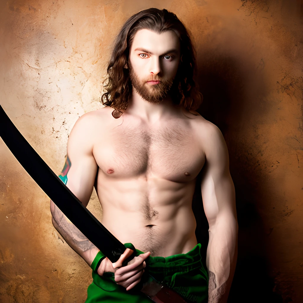 Man tall naked long light brown hair green eyes holding a sword