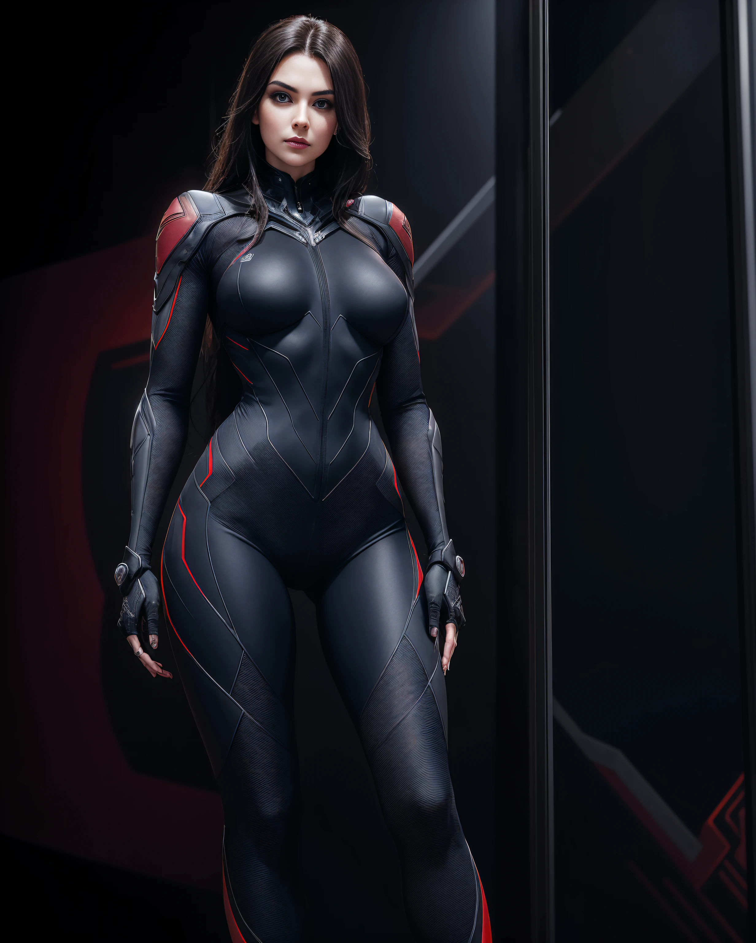 A 25-year-old girl in a widow costume, covering the whole body, widowmaker, owerwatch, Suit with red carbon fiber details, thigh gap, (Posing on the display:1.2), (intricate details:0.9), (HDR, hyper-detailing:1.2), (natural skin textures, hyper realisitc, Sharp)