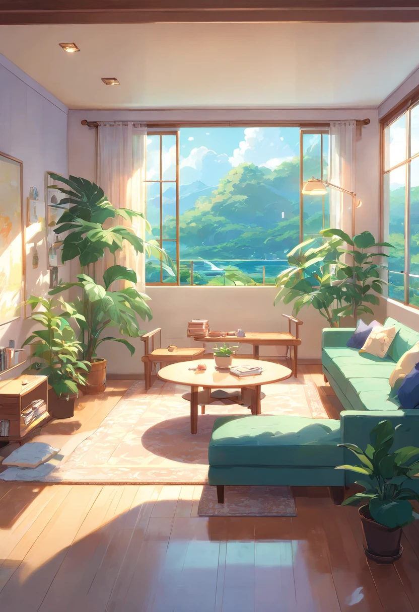 In the large bright living room,carding、Coffee table minimalist style,In the middle is a large pot of white monstera