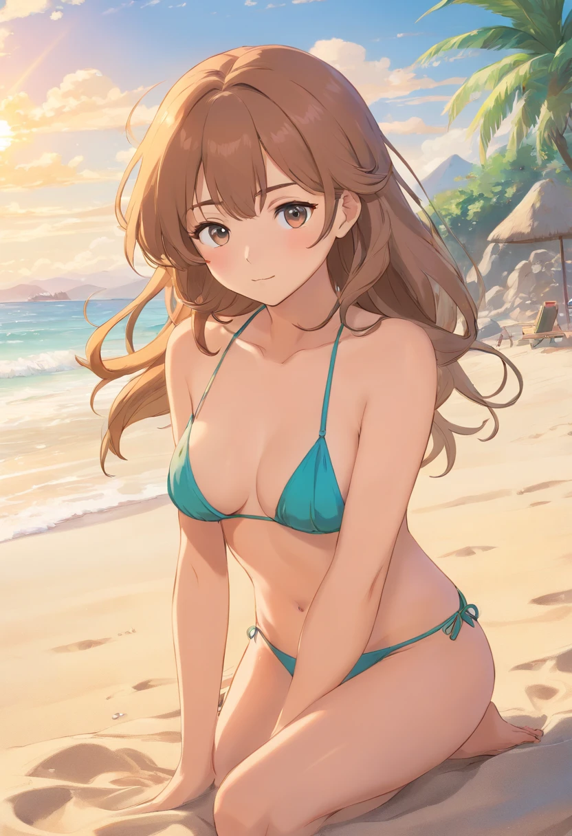 A Photograph capturing the essence of a sun-kissed paradise. A stunning lady, draped in a bikini, strikes a model-worthy pose on the sandy beach.
