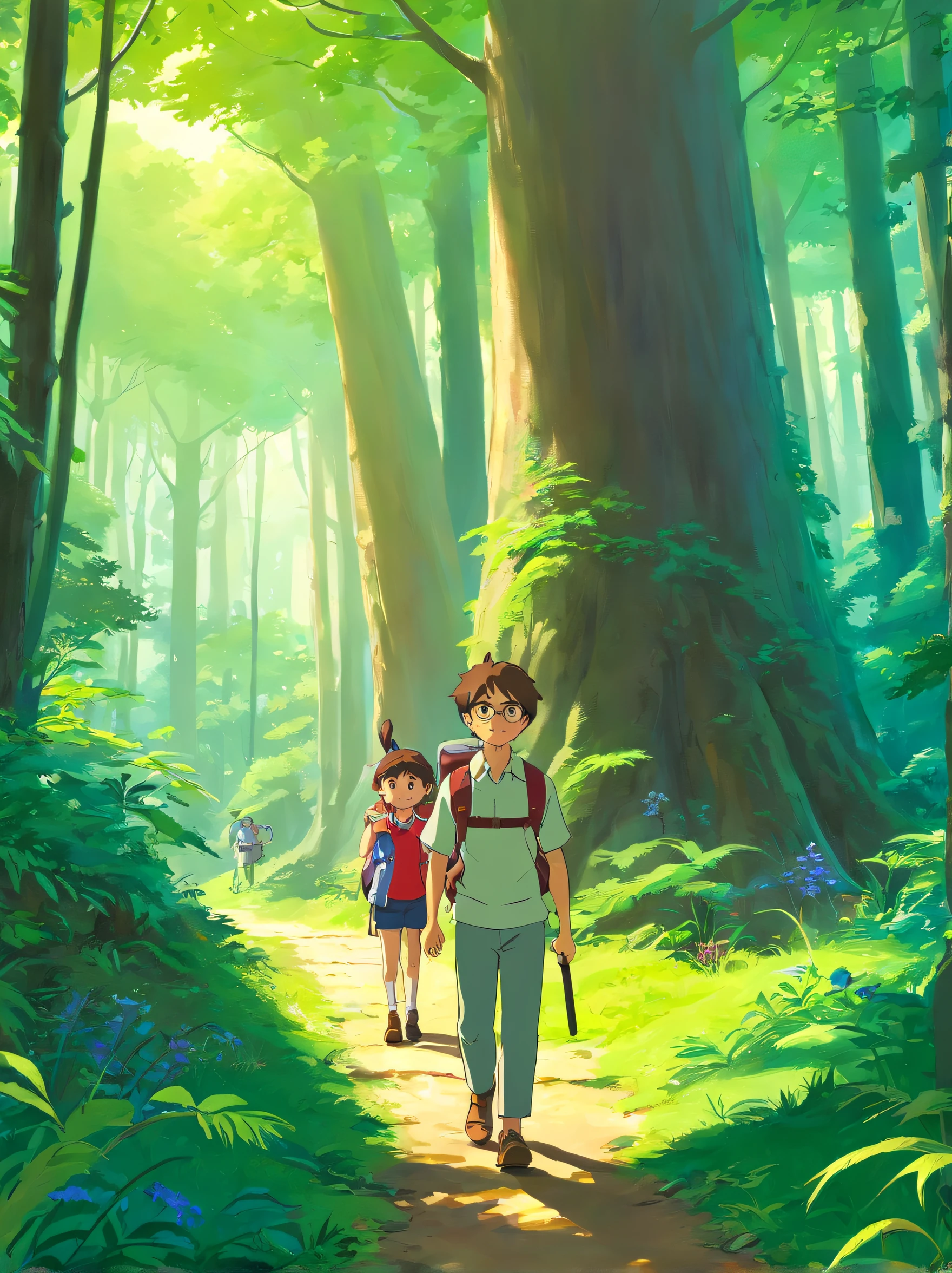 （Design a poster）A father and  boy , Walk through the magical forest,  Bring a hiking bag，Hold trekking poles，There are towering trees，On a clear weekend，Dad and child decidepend quality time together。They came to a nearby park，Get ready for a special adventure