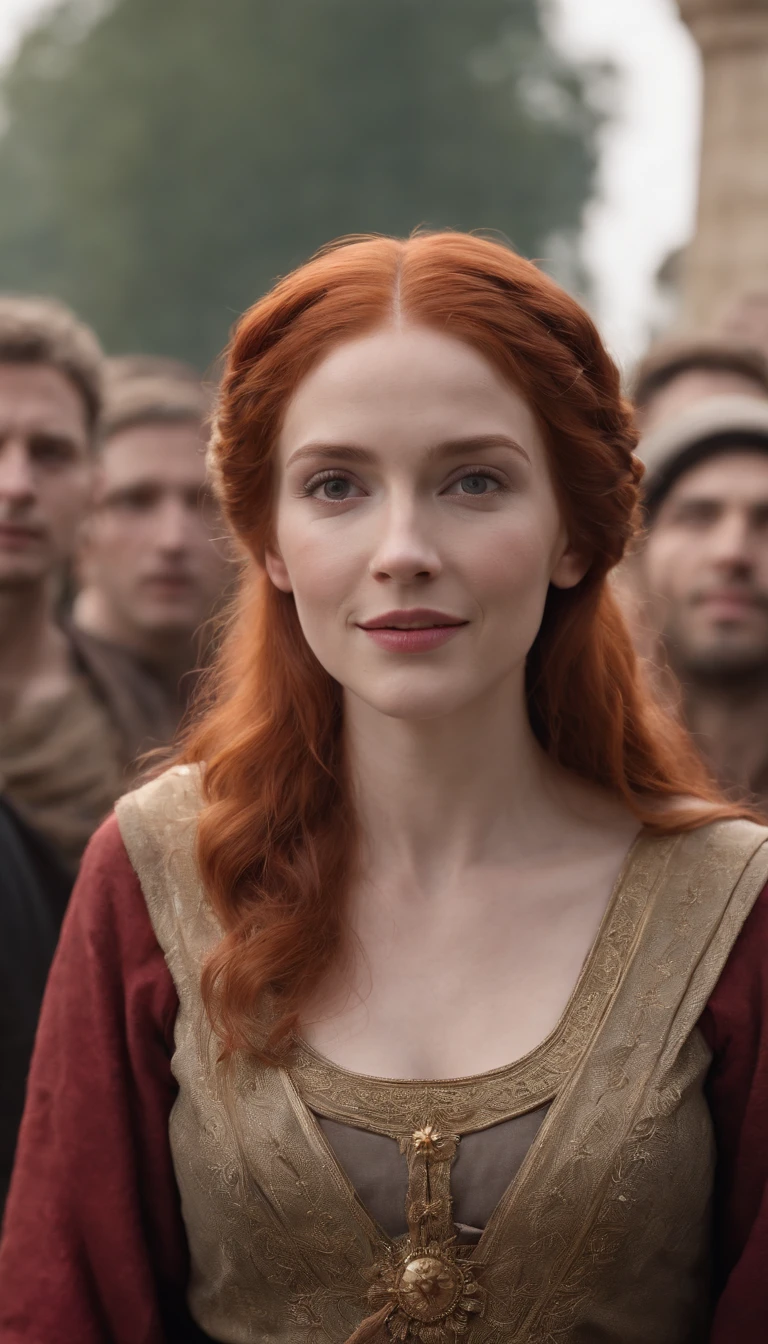 A red-headed Hebrew woman dressed in biblical clothing, Perfect face, Stand in front of the crowd, Everyone is smiling, And laughs,Otherworld, Otherworld, anti life, Arcane TV series style, After all, altered carbon style, consequence, After Effects, live action film, Alfredo and the afterlife, Life after the plague, series on netflix, live action film