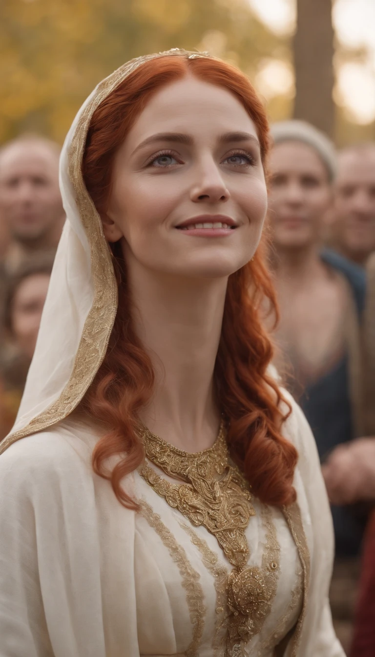 A red-headed Hebrew woman dressed in biblical clothing, Perfect face, Stand in front of the crowd, Everyone is smiling, And laughs,Otherworld, Otherworld, anti life, Arcane TV series style, After all, altered carbon style, consequence, After Effects, live action film, Alfredo and the afterlife, Life after the plague, series on netflix, live action film