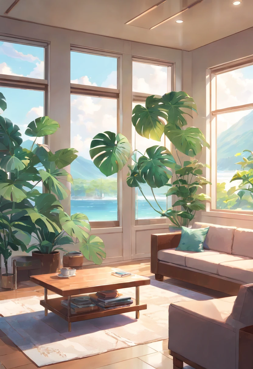 In the large bright living room，carding、Coffee table minimalist style，In the middle is a large pot of white monstera