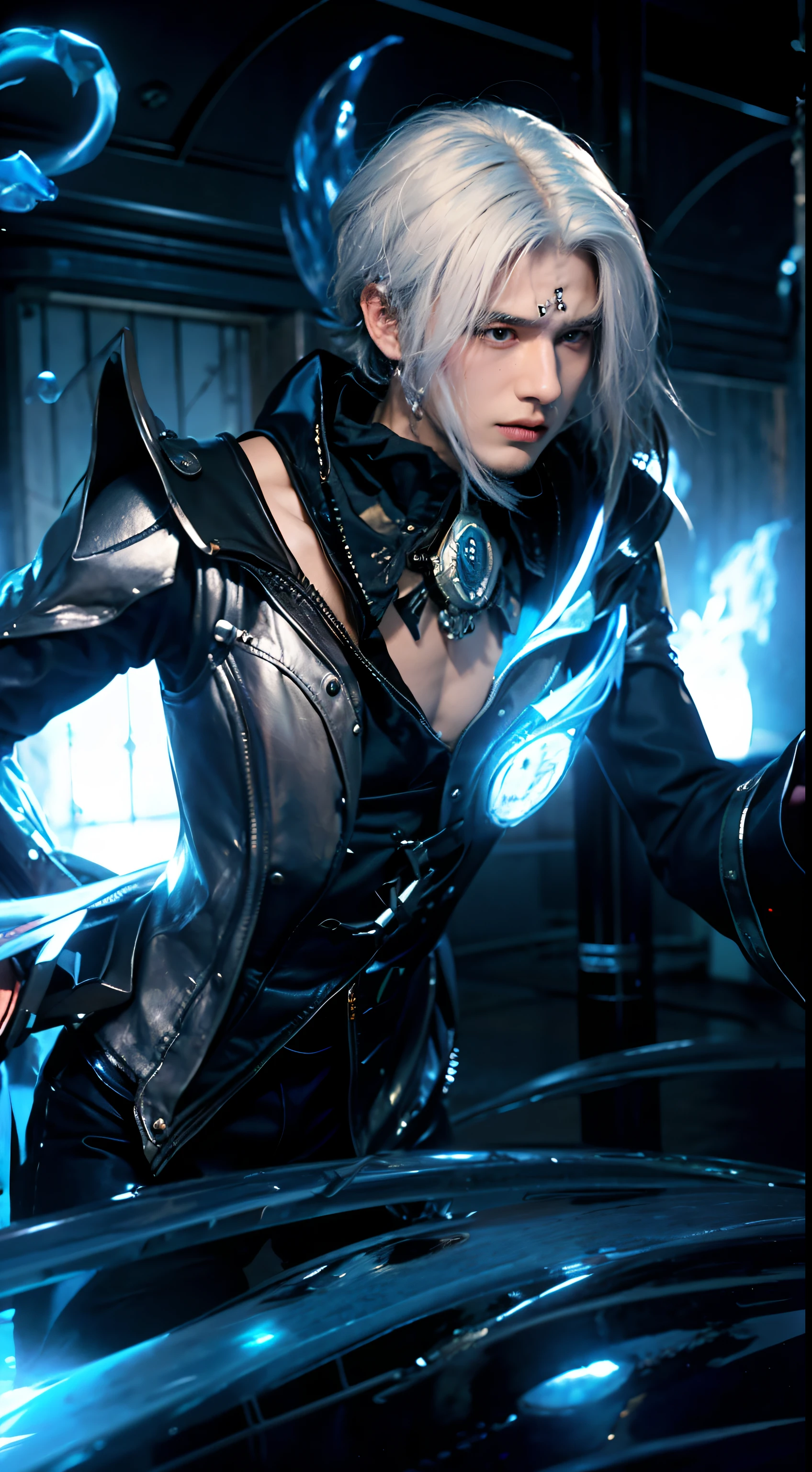 1 man, gentleman, warrior, man 20 years old, detailed face , ultra HD, 8K, white hair, blue shirt, black pants