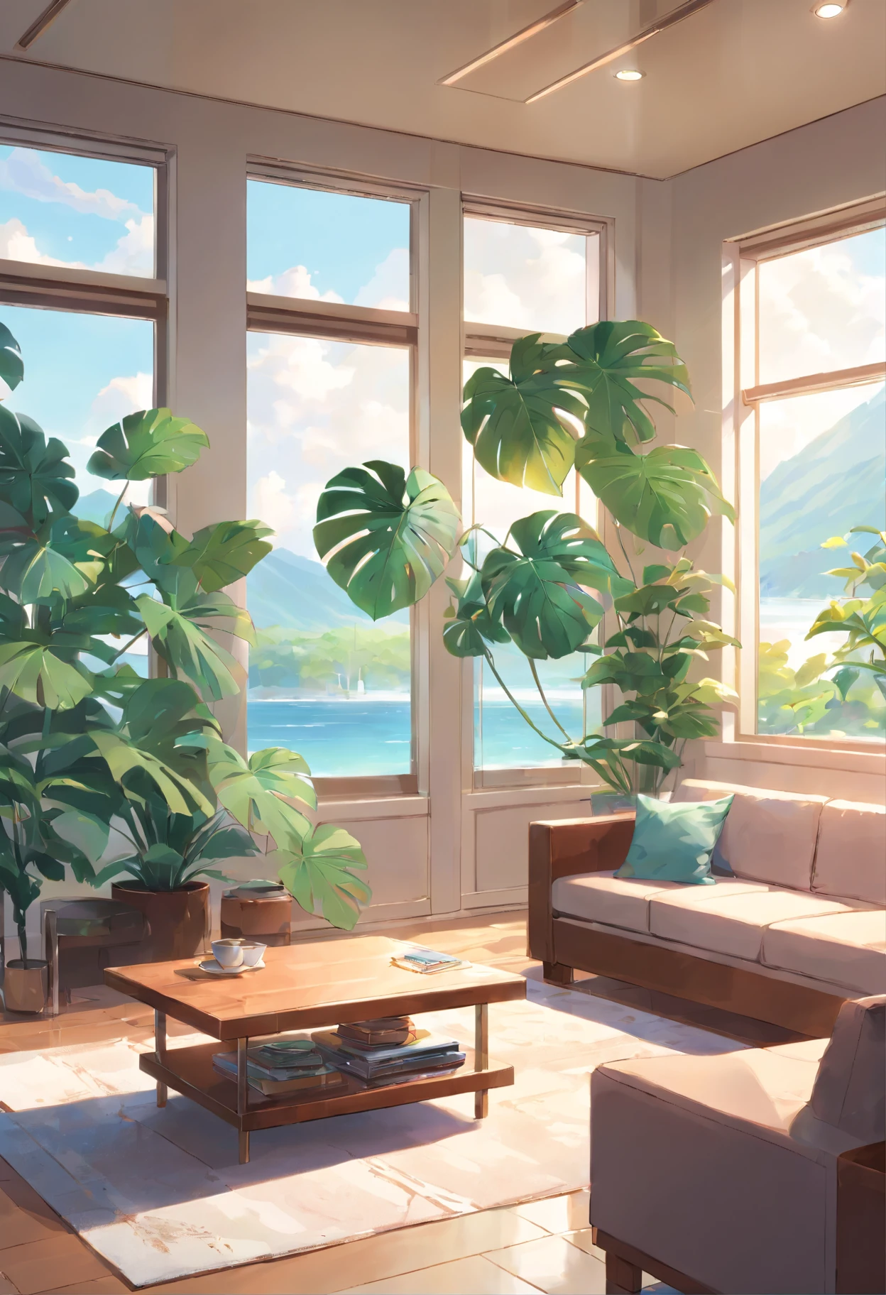 In the large bright living room,carding、Coffee table minimalist style,In the middle is a large pot of white monstera