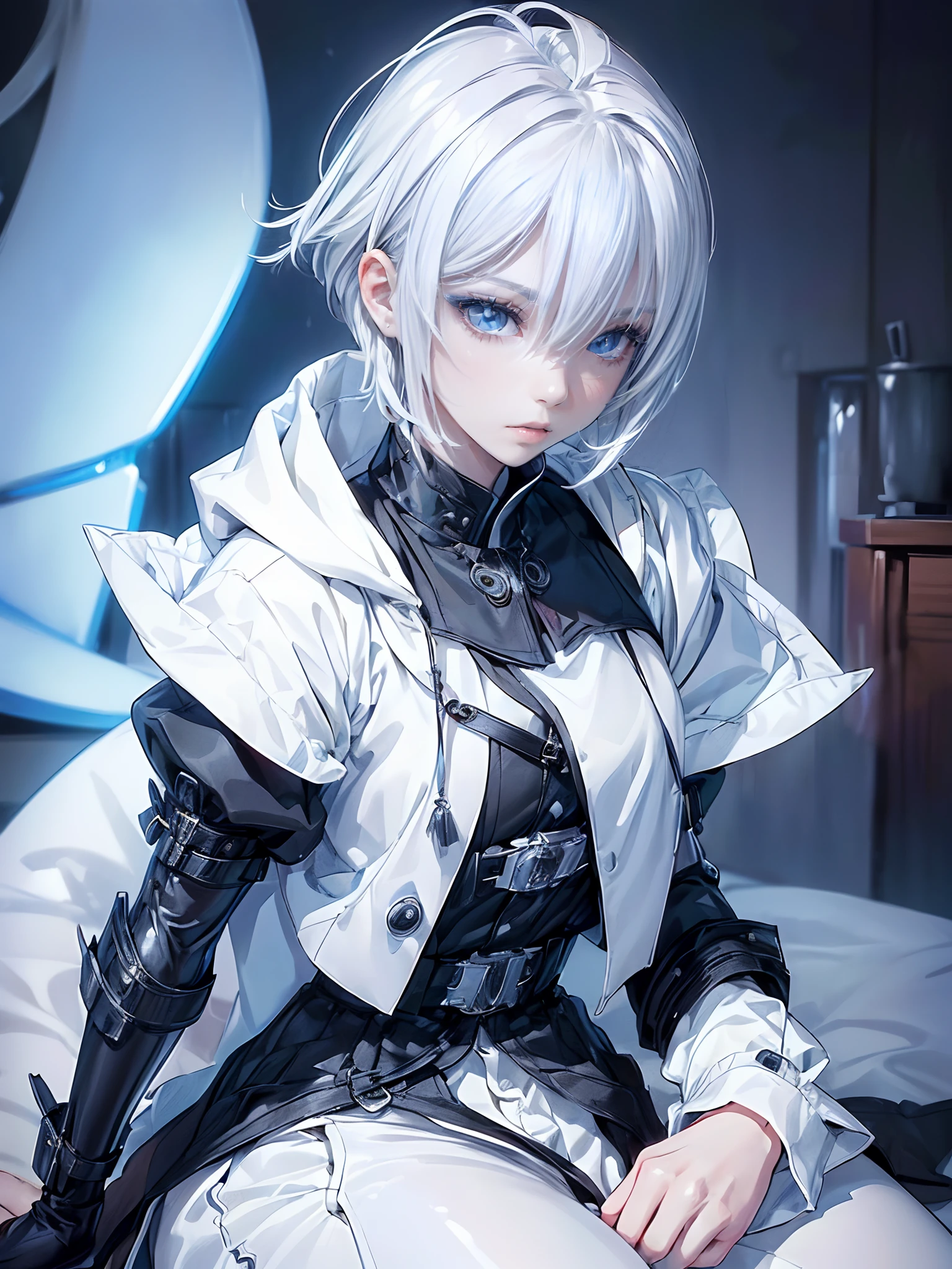 ((4K works))、masterpiece、(top-quality)、One Beautiful Girl、Slim body、tall、((Black Y-shirt and white pants、Charming street style))、Please wear one jacket、Wearing a hood、(Detailed beautiful eyes)、Morning City、((Bedroom))、Fantasy bedroom inhabited by aristocrats、Black bedroom、Video call screen、((Face similar to Carly Rae Jepsen))、((Short-haired white hair))、((Smaller face))、((Neutral face))、((Bright blue eyes))、((American adult women))、((Adult female 26 years old))、((cool lady))、((Like a celebrity))、((Wild look))、((Korean Makeup))、((elongated and sharp eyes))、((Happy dating))、((boyish))、((Upper body photography))、Professional Photos、((Shot alone))、((She's on the futon))、((It's like making a video call with your audience))、((Sitting on a futon))、((Shot very close to the face))、((Face Close-up))