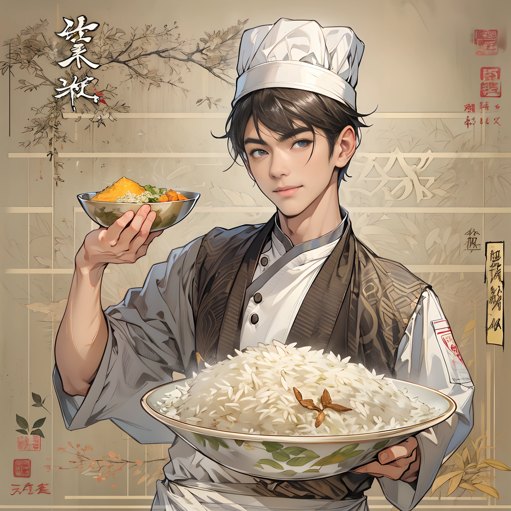 A young and handsome male chef carries a bowl of rice, In front of him was a banknote worth 666 yuan. The rice was fresh, tender, And tempting, Served with smooth rice and rich ingredients,Visually appealing and delicious.,in the style of the stars art group xing xing, 32K, Best quality, Masterpiece, Super detail, High details