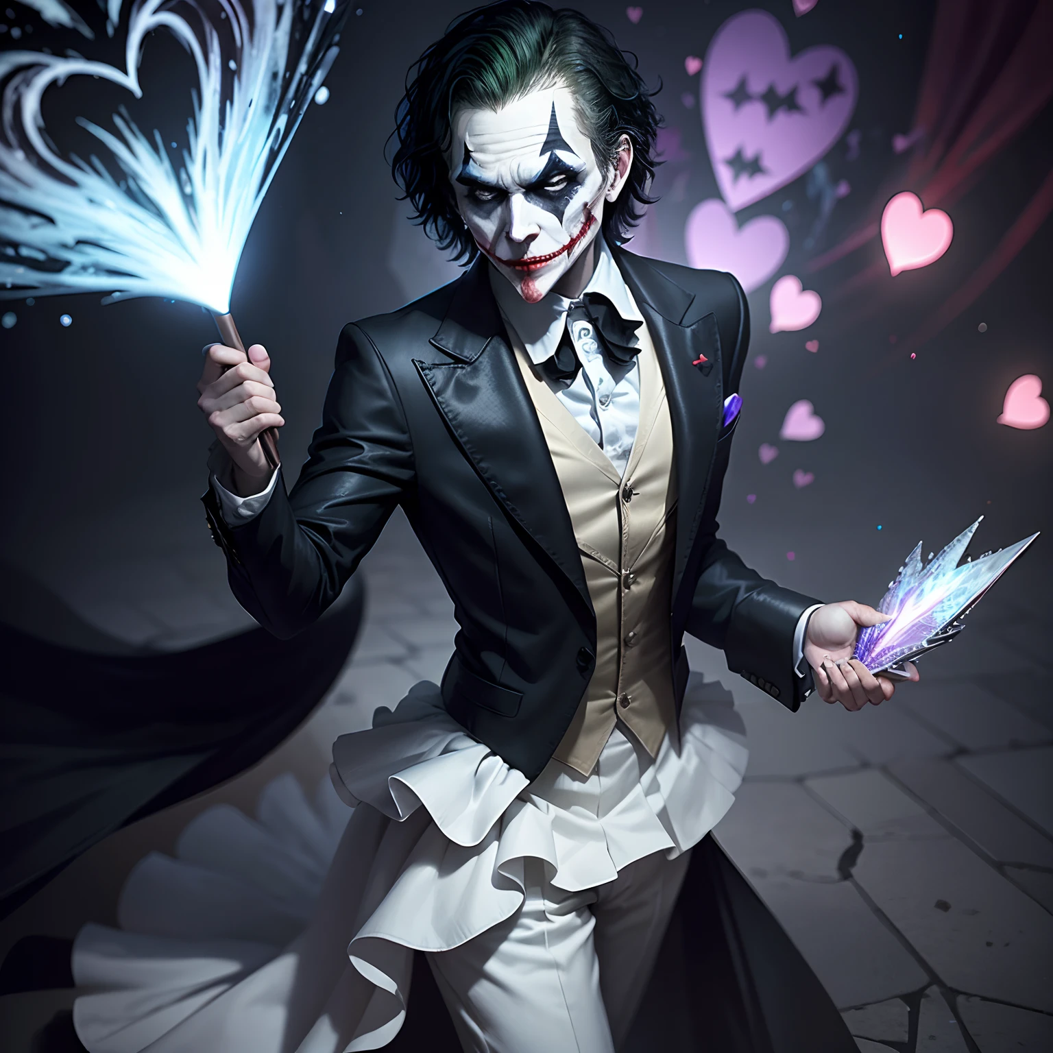 finest image, detailed and delicate depiction, Joker escapes from Trump, blurry background black iridescent light particles, scattered spade diamond club heart mark
