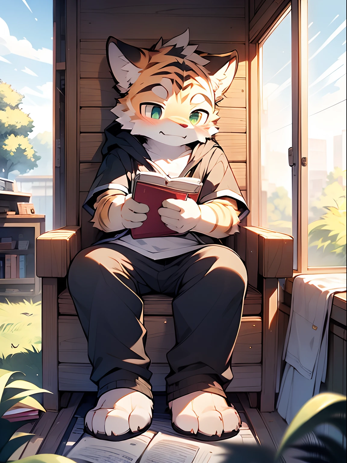 Masterpiece, Best quality, Perfect anatomy, author：K0bit0wani, author：Milk Tiger 1145, (author：Dekkers:0.3), Furry, coyote, Solo, Male, baggy pants, Shirtless, Eau, Abs, legs separated, Small raised, Slightly chubby figure, holding book, Detailed background, music sheets, Leaning back, Butterfly, Grass，Shota，Libido boy