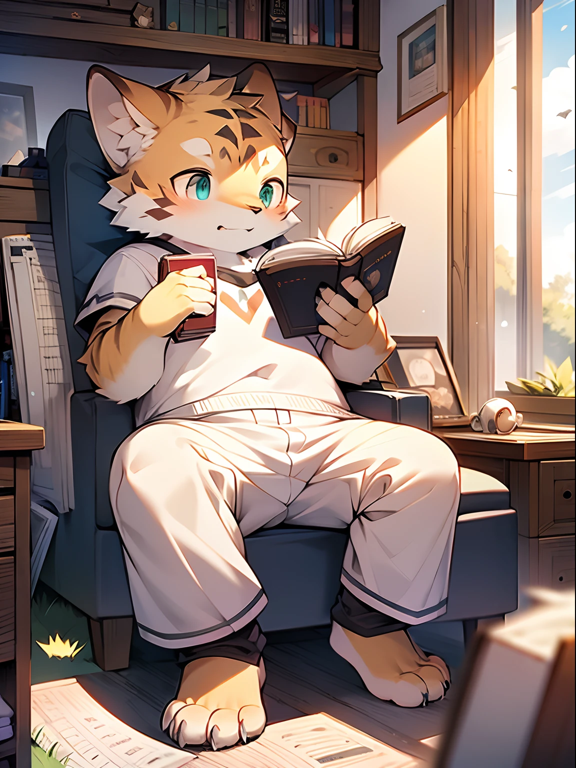 Masterpiece, Best quality, Perfect anatomy, author：K0bit0wani, author：Milk Tiger 1145, (author：Dekkers:0.3), Furry, coyote, Solo, Male, baggy pants, Shirtless, Eau, Abs, legs separated, Small raised, Slightly chubby figure, holding book, Detailed background, music sheets, Leaning back, Butterfly, Grass，Shota，Libido boy