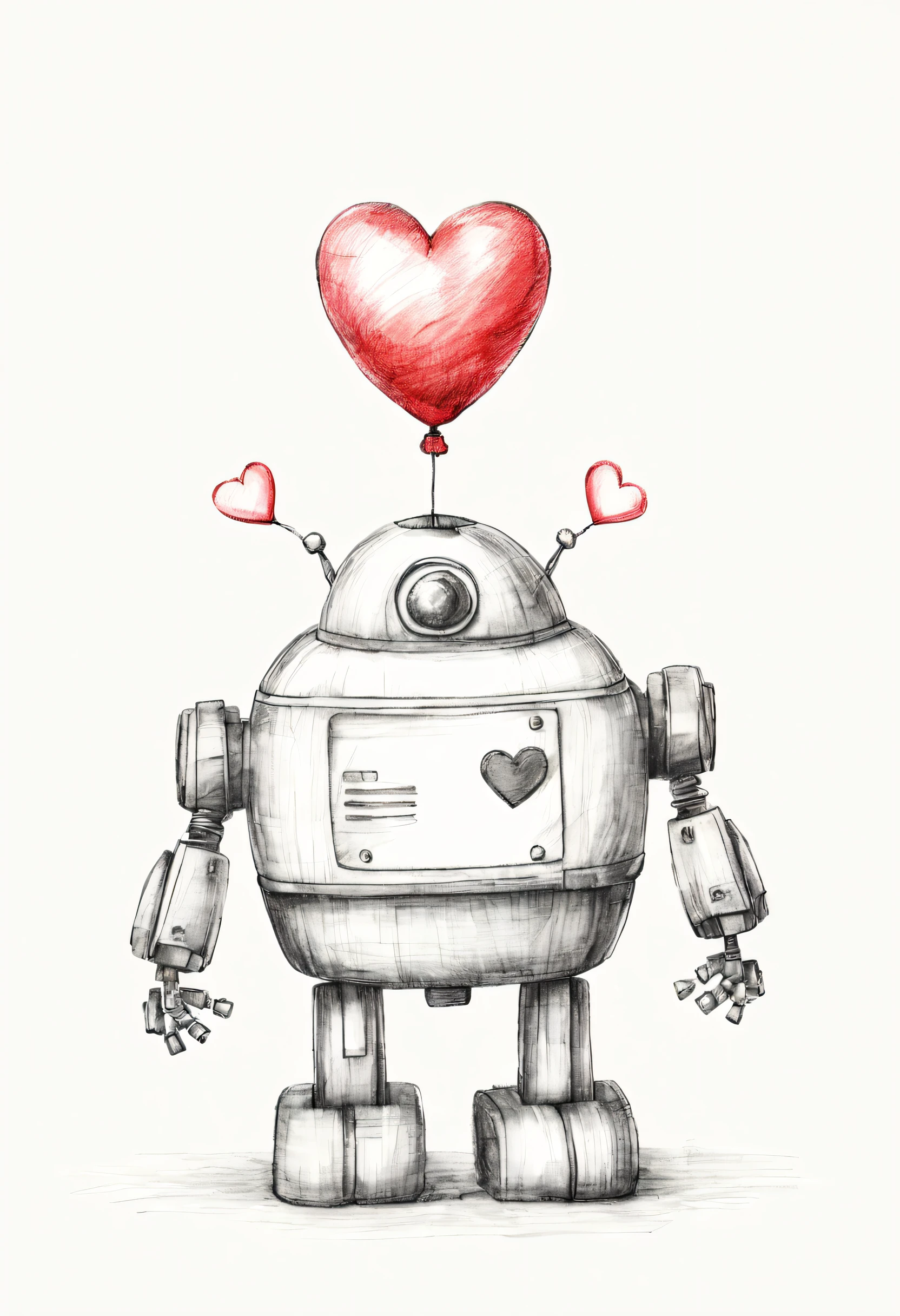 pencil sketch of a cute toy robot holding a heart-balloon, handdrawn, attention to details, drawing, white background