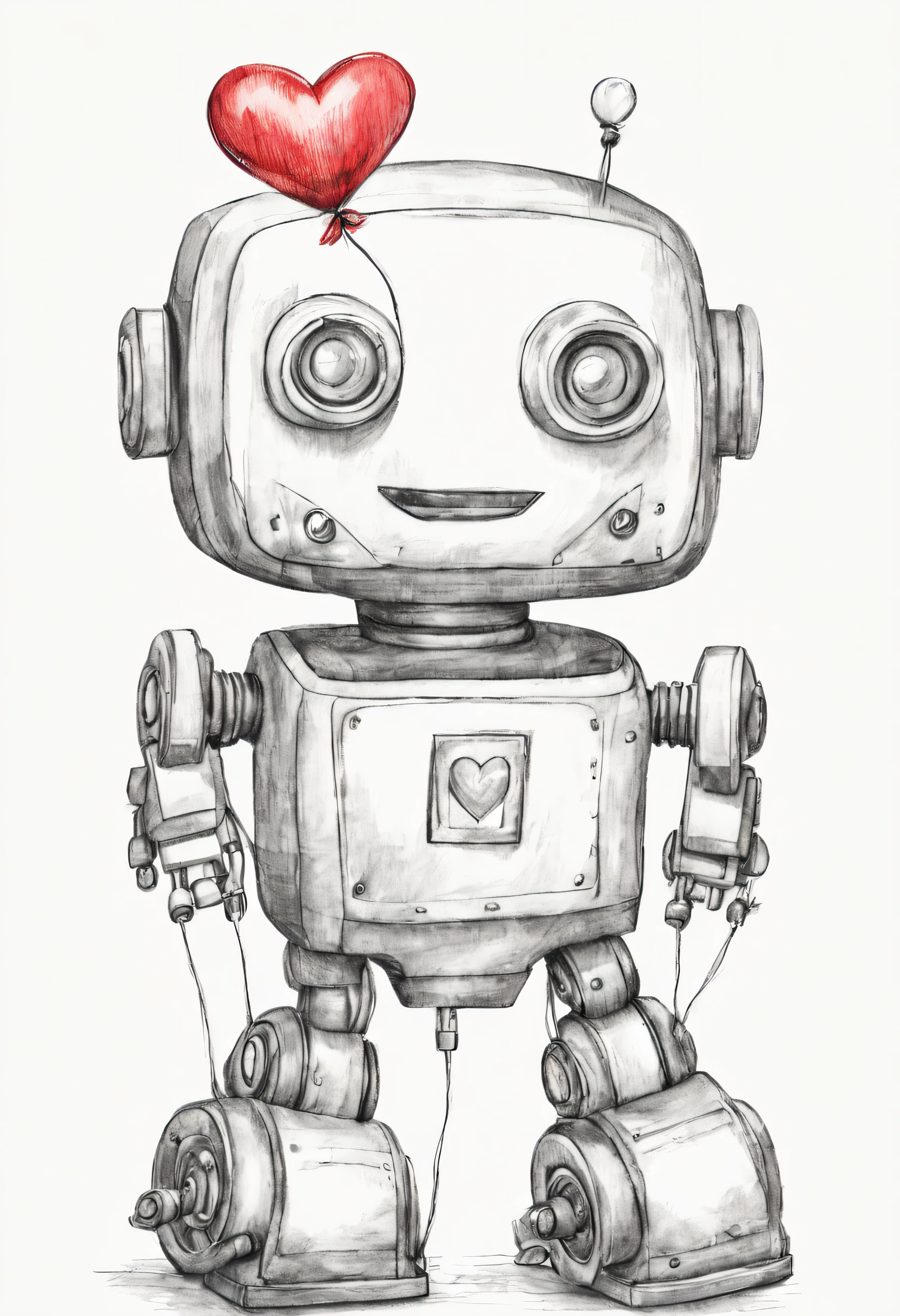 pencil sketch of a cute toy robot holding a heart-balloon, handdrawn, attention to details, drawing, white background