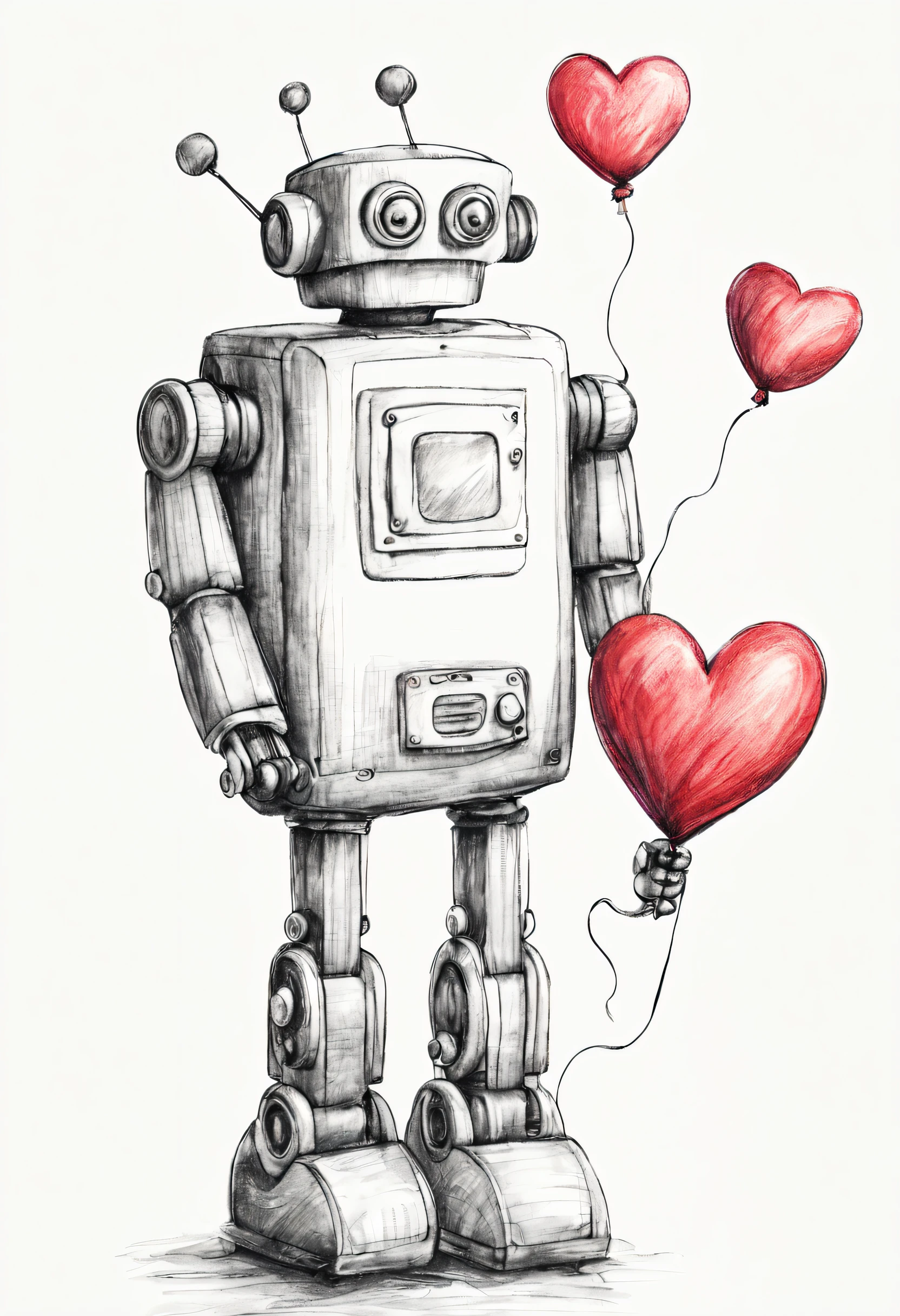 pencil sketch of a cute toy robot holding a heart-balloon, handdrawn, attention to details, drawing, white background