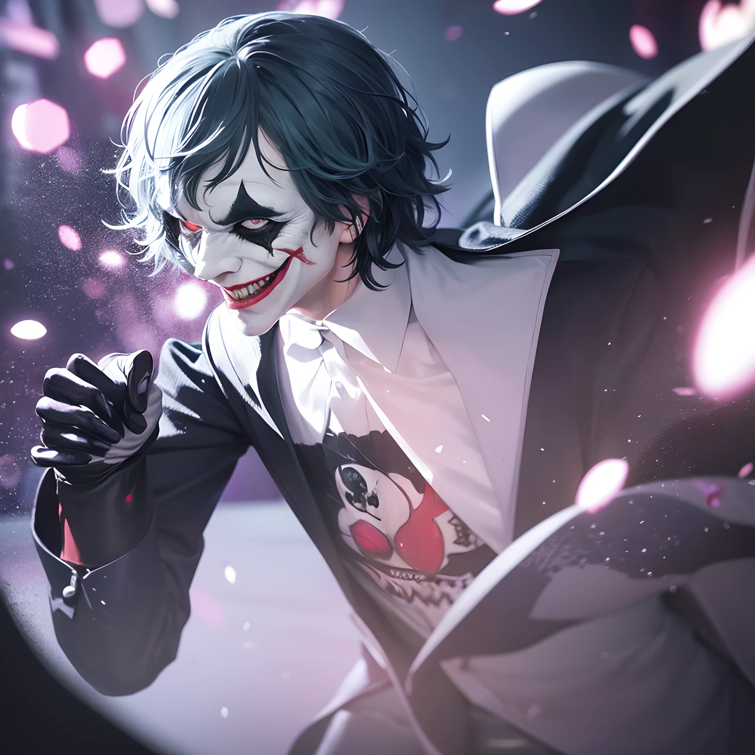 finest image, detailed and delicate depiction, Joker escapes from Trump, blurry background black iridescent light particles