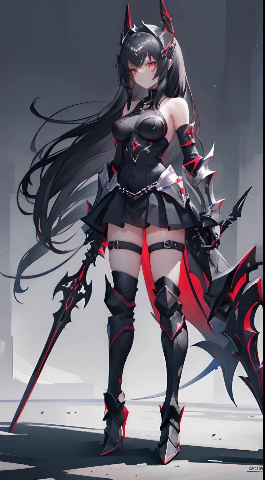 Female, 1 girl, Black Knight Girl, Black hair, Double tail in hair, Black hairpin headdress, Crimson eyes, medium body shape, Medium breasts, Battle skirt, Black dress color，silver details, Armor pieces for arms and legs, Color Arm parts Black, NSFW, weapon black spear,