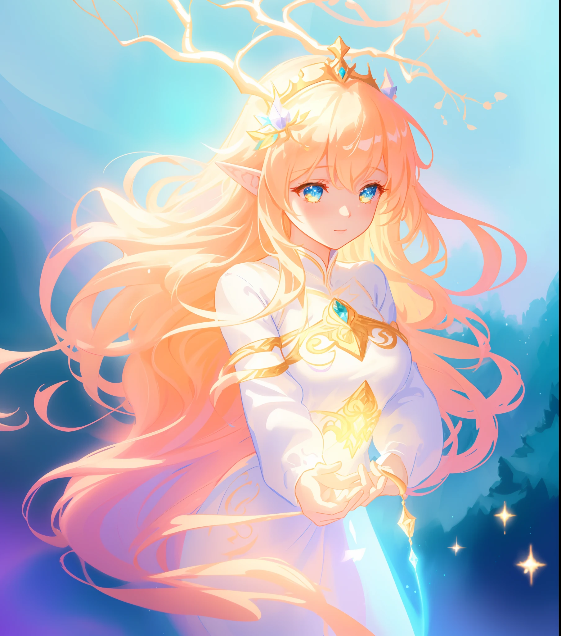 beautiful girl in white fantasy fairy dress, elven princess, elf ears, princess, white crown made of branches, vibrant pastel colors, (colorful), magical lights, red and gold long wavy hair, sparkling lines of light, inspired by Glen Keane, inspired by Lois van Baarle, disney art style, by Lois van Baarle, glowing aura around her, by Glen Keane, jen bartel, glowing lights! digital painting, flowing glowing hair, glowing flowing hair, beautiful digital illustration, fantasia background, whimsical, magical, fantasy, beautiful face, ((masterpiece, best quality)), intricate details, highly detailed, sharp focus, 8k resolution, sparkling detailed eyes, liquid watercolor